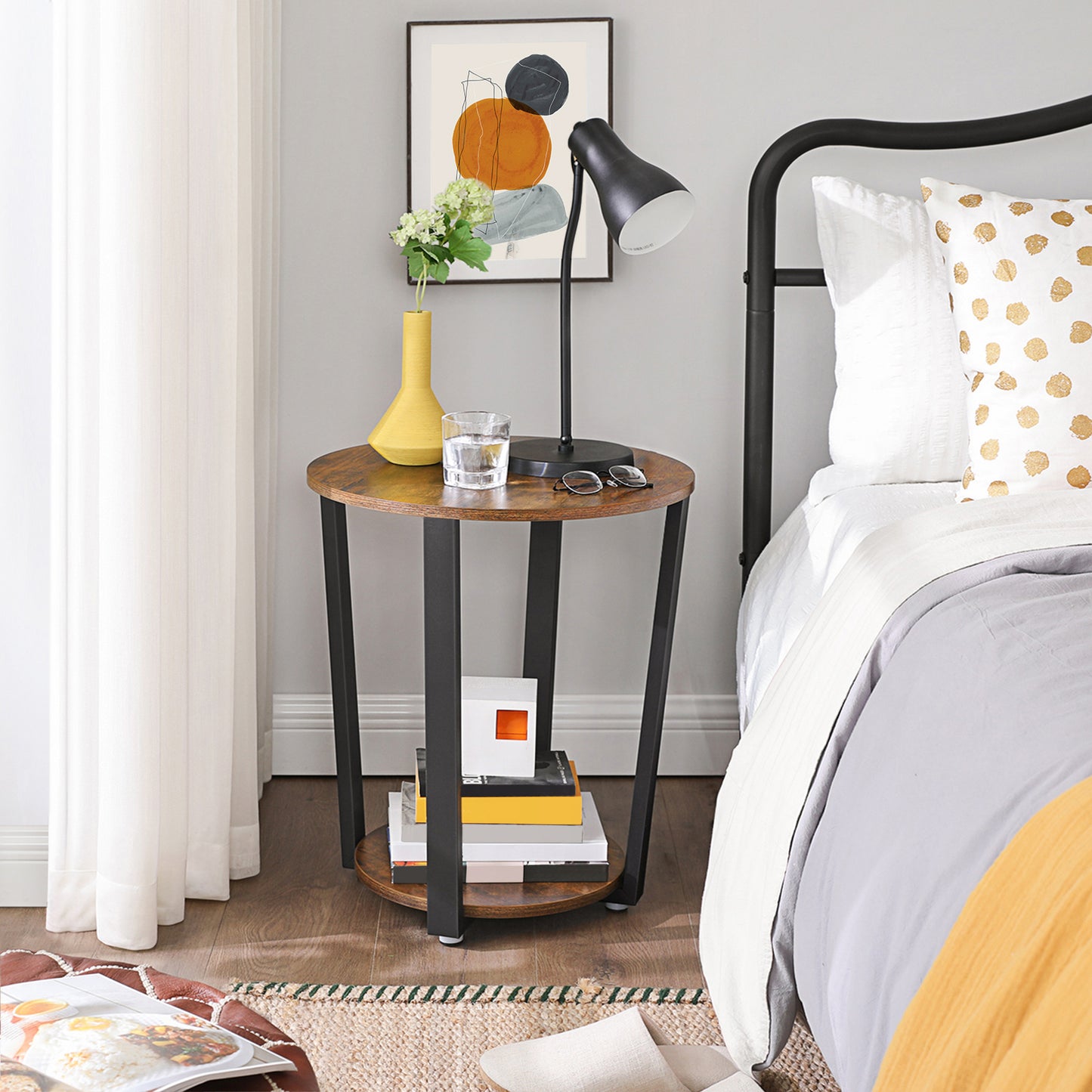 End Table, Round Side Table with Storage Shelf, Easy Assembly, Industrial Accent Furniture with Steel Frame, Rustic Brown and Black