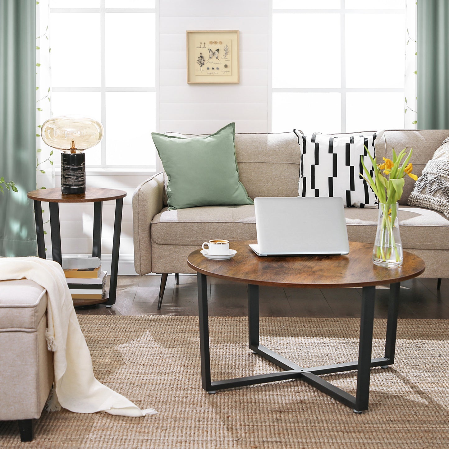 End Table, Round Side Table with Storage Shelf, Easy Assembly, Industrial Accent Furniture with Steel Frame, Rustic Brown and Black
