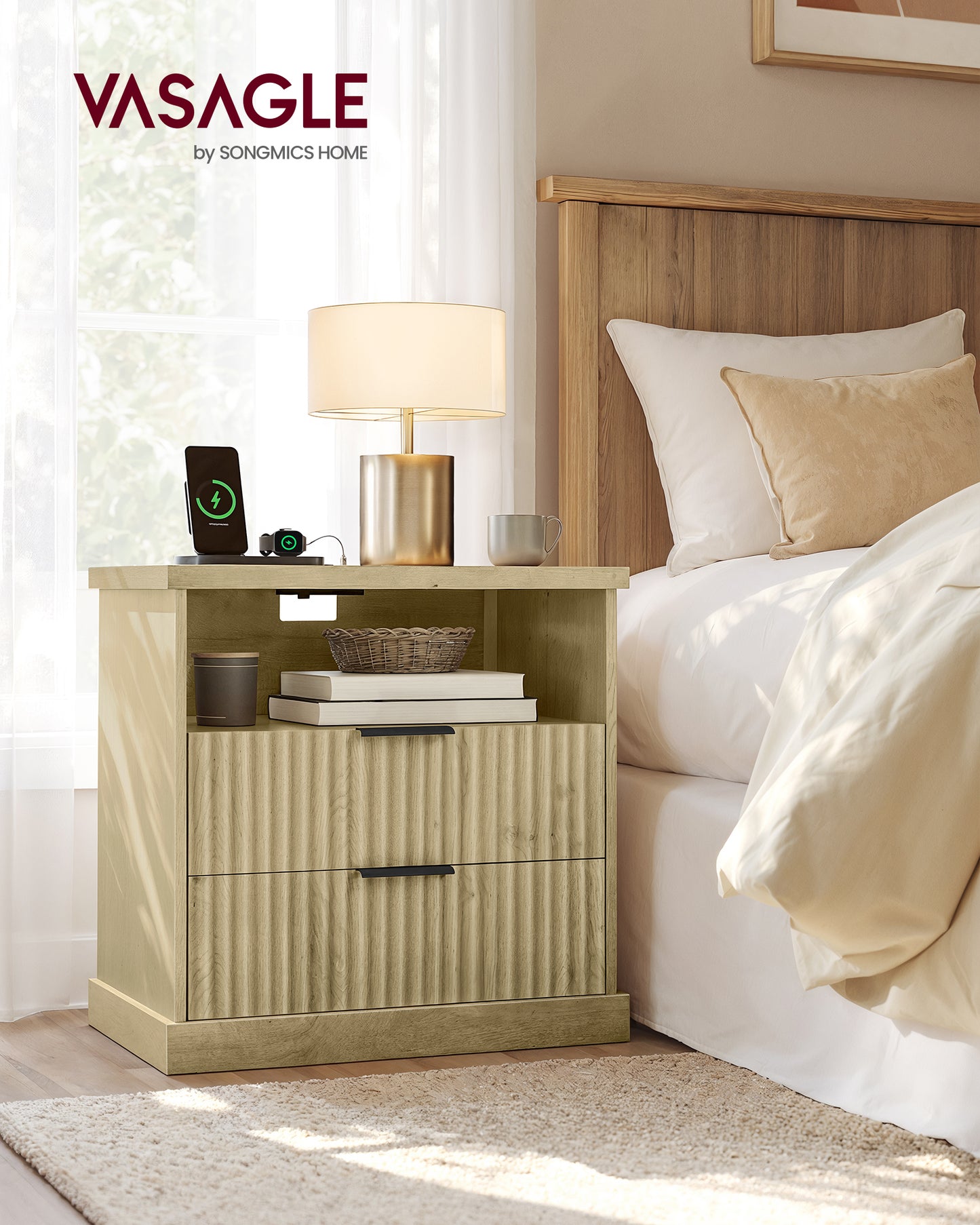 MAXE Nightstand for Bedroom, Fluted Side Table with 2 Drawers & Storage Shelf for Livingroom, Oak Beige