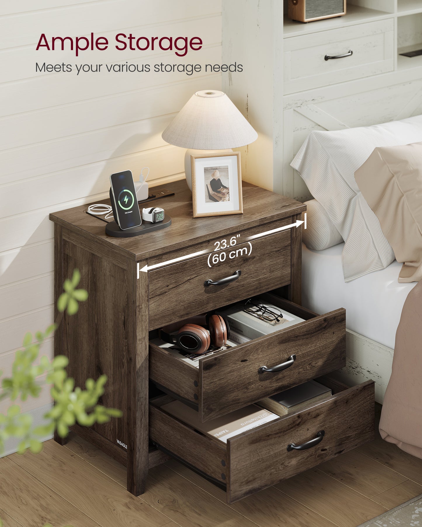 Farmhouse Nightstand with Charging Station - 3-Drawer Bedside Table with USB Ports, for Bedroom, Living Room, Taupe Brown