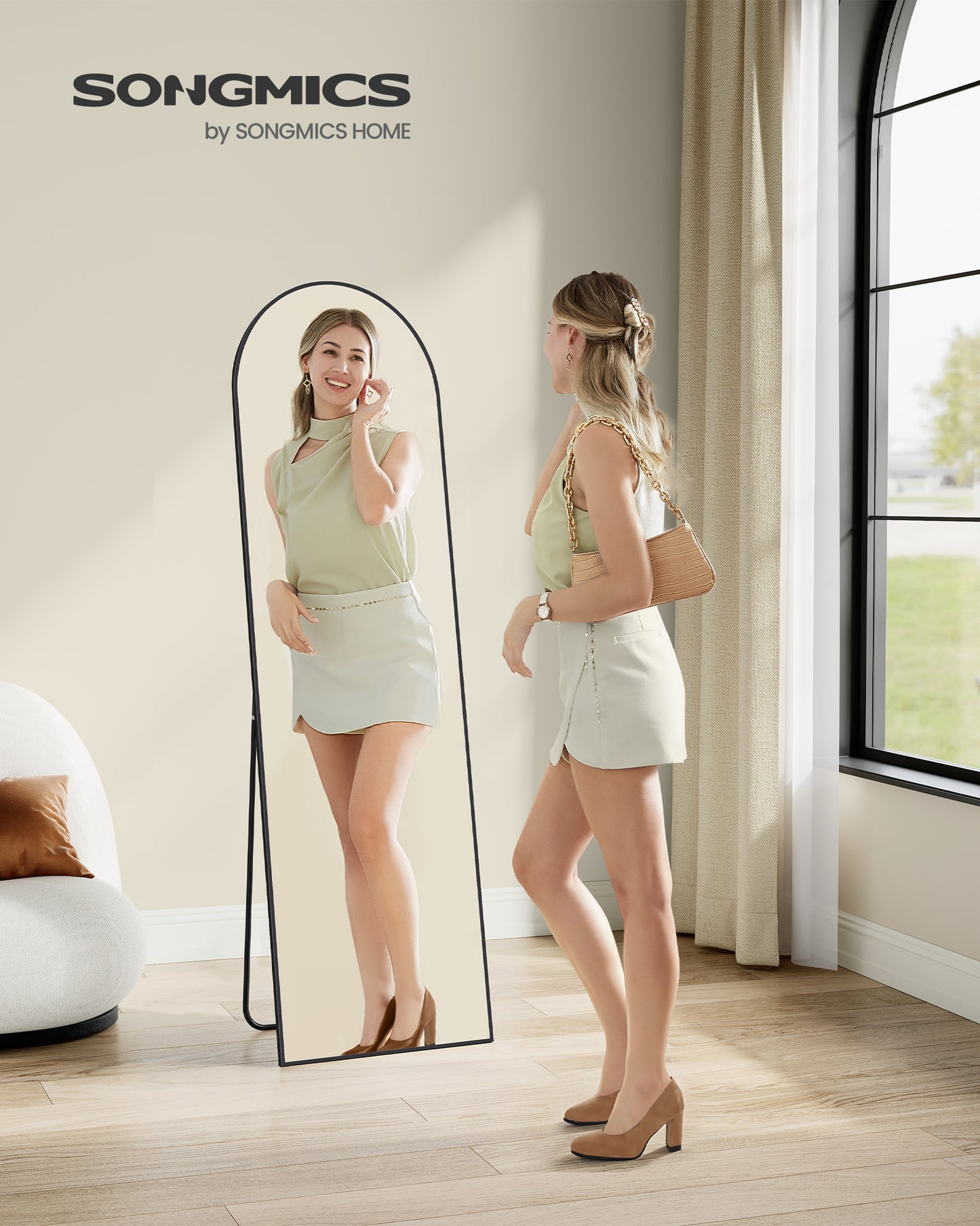 Ink Black Arched Full - Length Mirror - 63 x 20 Inches. Aluminum Alloy Frame, Tempered Glass with Stand, Ideal for Bedroom, Living Room, Cloakroom