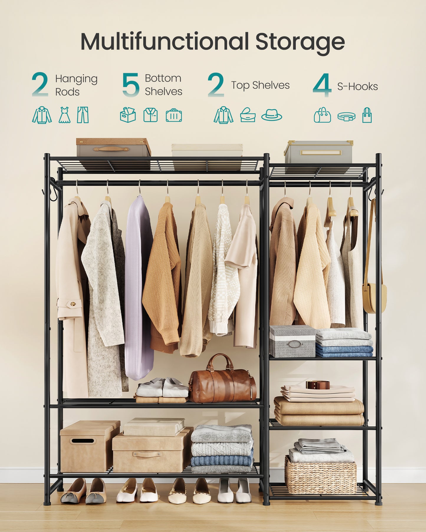 SONGMICS Portable Closet Wardrobe, Heavy-Duty Clothes Rack, Freestanding Clothing Rack with 7 Shelves, 2 Hanging Rods, 4 S‑Hooks, Metal Frame, for Bedroom, Entryway, Living Room, Black