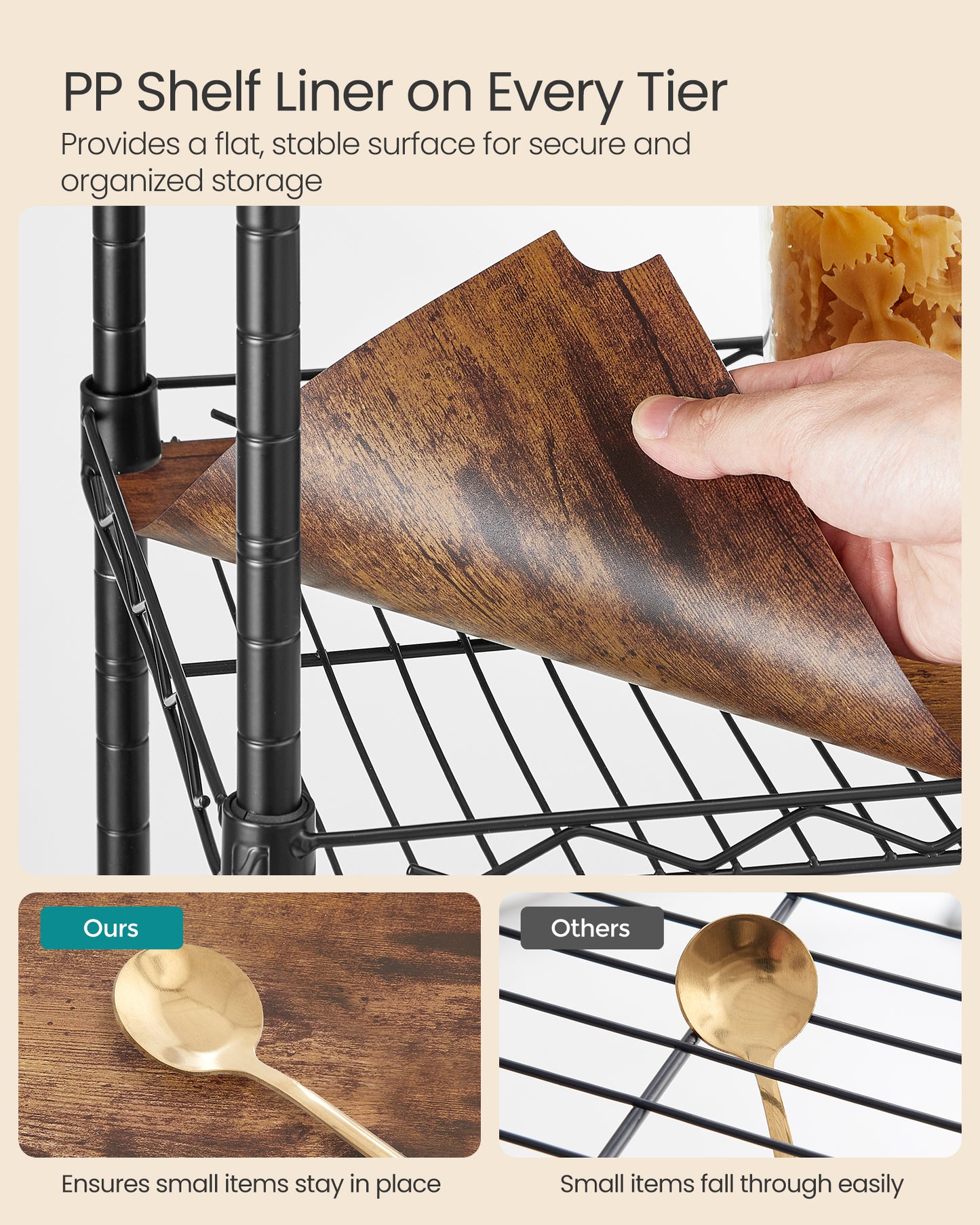 5-Tier Bathroom Shelf, Storage Rack for Small Space, with 5 PP Shelf Liners, Removable Hook, Extendable Design, Ink Black and Rustic Brown