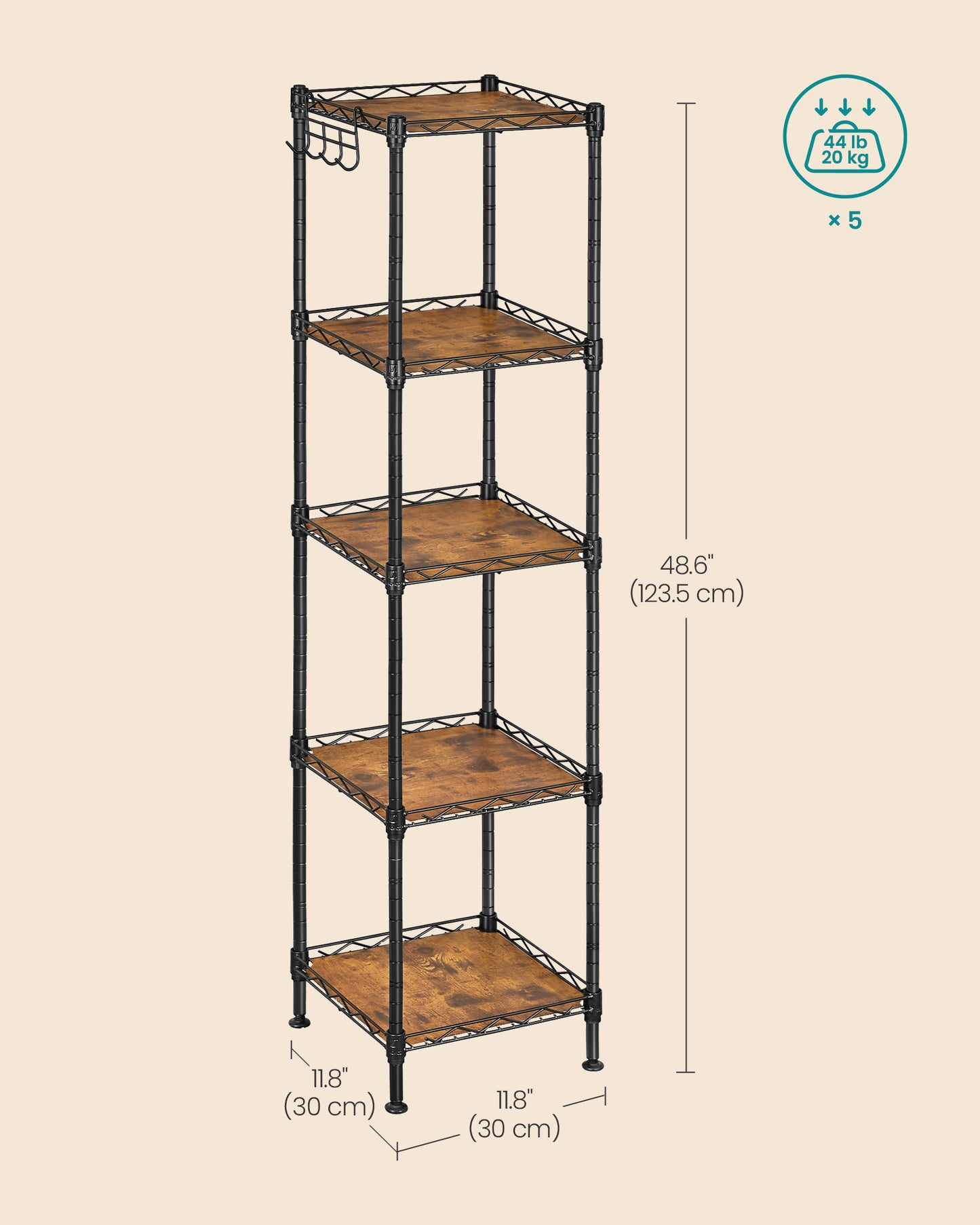 5-Tier Bathroom Shelf, Storage Rack for Small Space, with 5 PP Shelf Liners, Removable Hook, Extendable Design, Ink Black and Rustic Brown