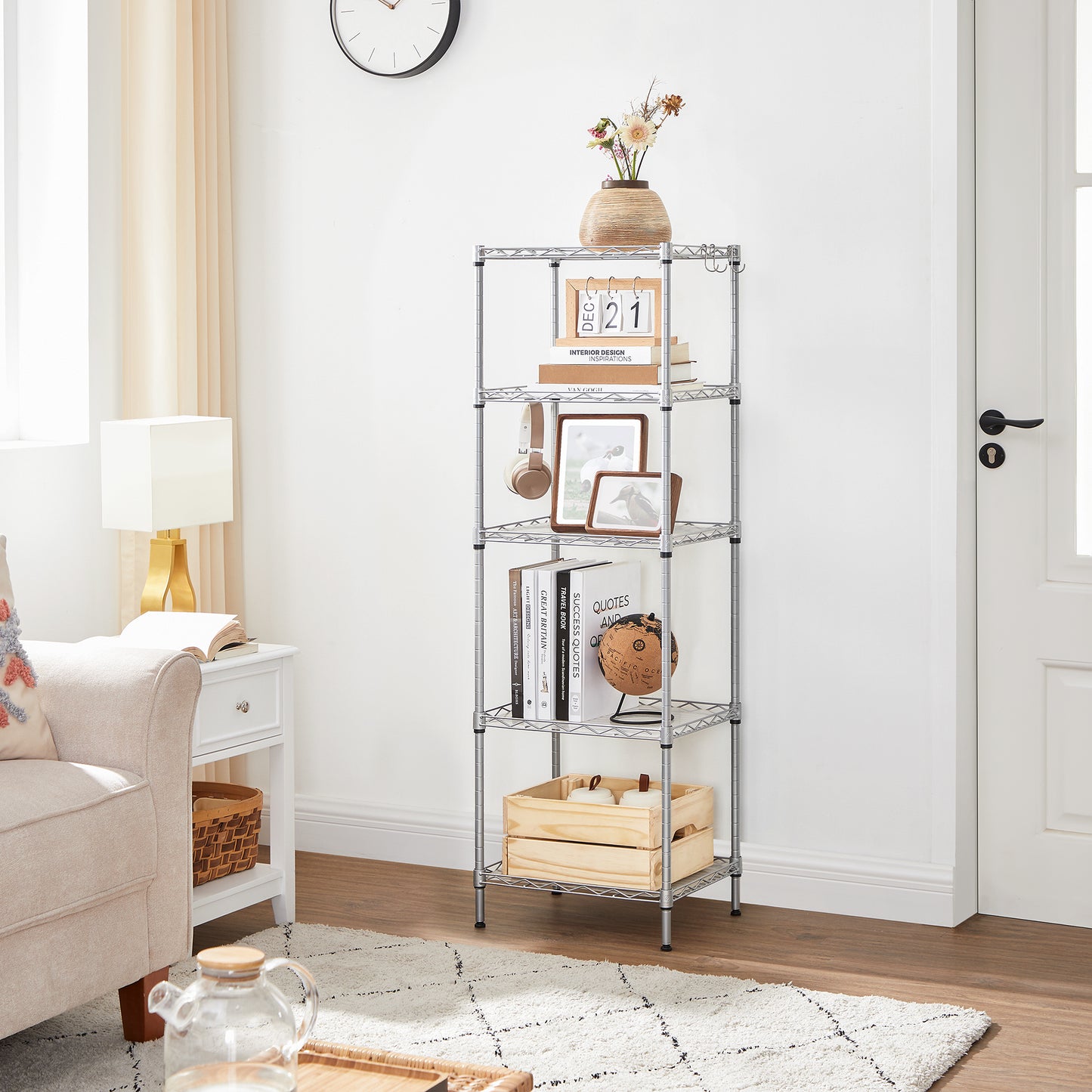 5-Tier Storage Shelves, Wire Shelving Unit, Kitchen Metal Shelves, Storage Rack with Adjustable Shelves, Shelf Liners, 8 Hooks, for Garage, 11.8 x 15.7 x 47.6 Inches, Silver
