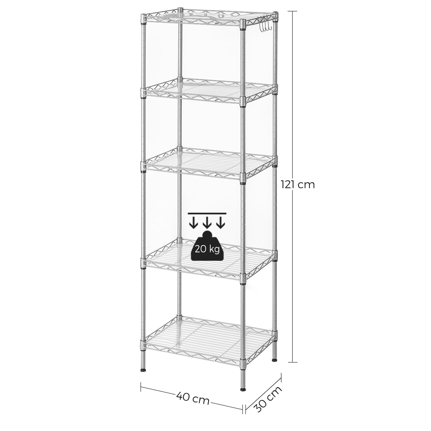 5-Tier Storage Shelves, Wire Shelving Unit, Kitchen Metal Shelves, Storage Rack with Adjustable Shelves, Shelf Liners, 8 Hooks, for Garage, 11.8 x 15.7 x 47.6 Inches, Silver