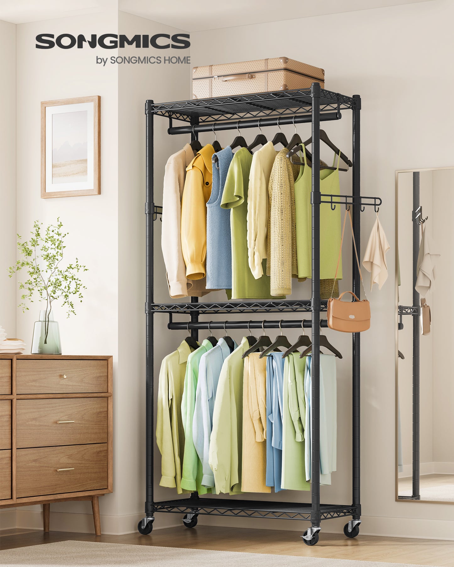 Garment Rack, Heavy-Duty Rolling Clothes Rack, Portable Closet Rack, 29.5-Inch Wide Clothing Rack with Adjustable Mesh Shelves and Hanging Rails, Hooks, Ink Black