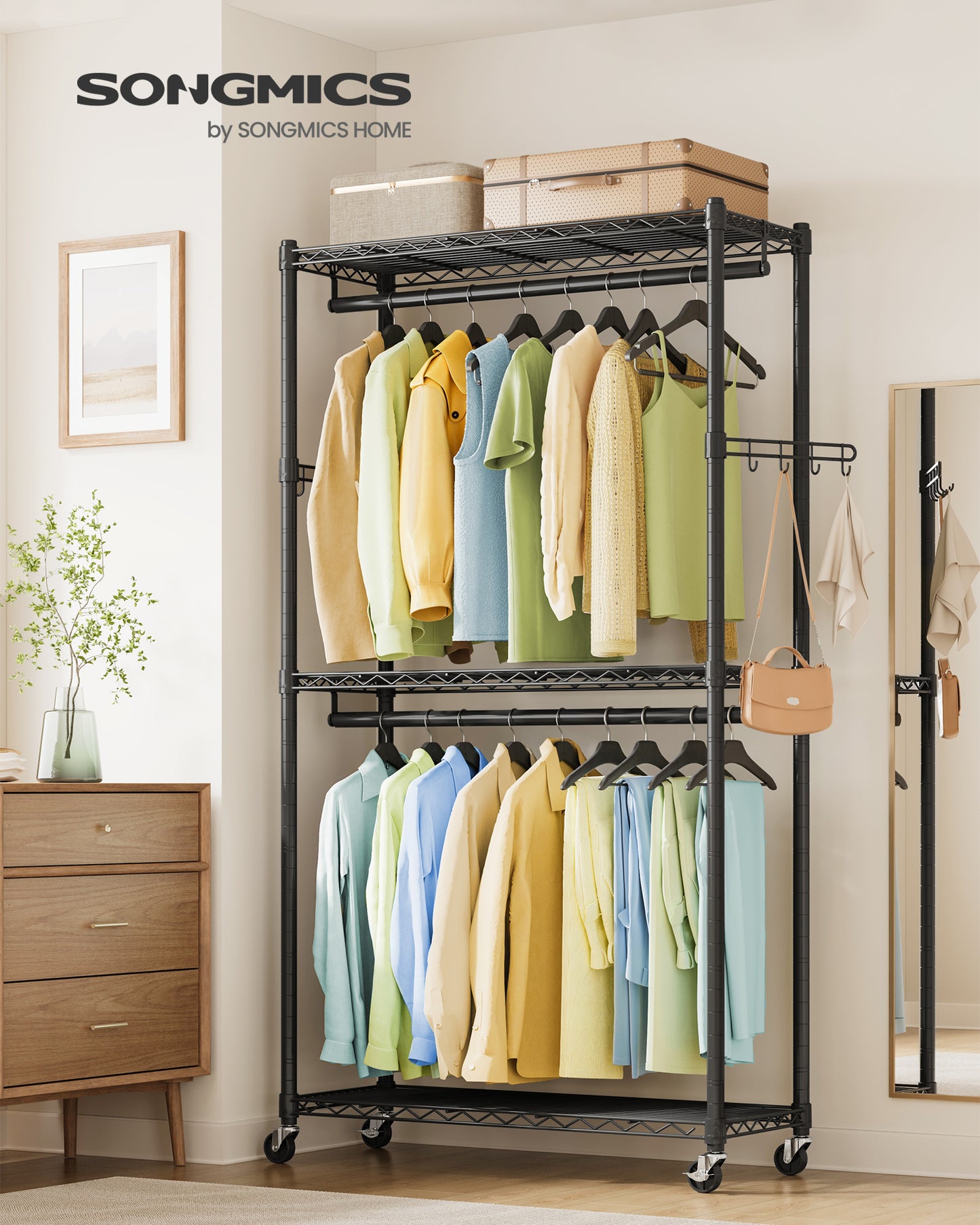 Garment Rack, Heavy-Duty Rolling Clothes Rack, Portable Closet Rack, 35.4-Inch Wide Clothing Rack with Adjustable Mesh Shelves and Hanging Rails, Hooks, Ink Black