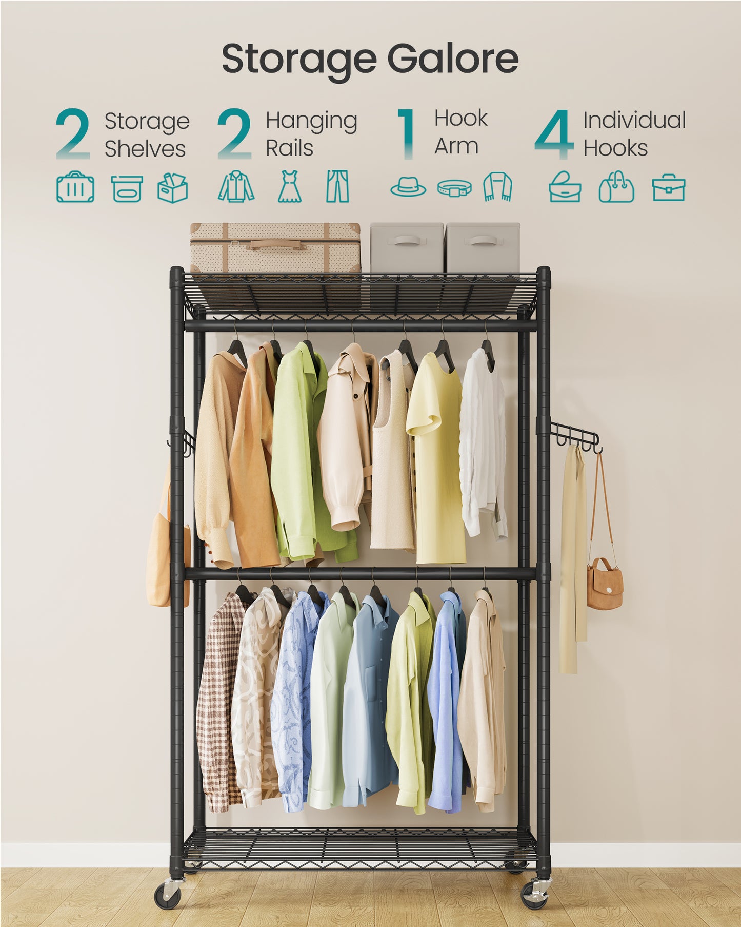 SONGMICS Heavy-Duty Rolling Clothes Rack, Garment Rack, Portable Closet on Wheels, with Adjustable Mesh Shelves and Hanging Rails, Hooks,Ink Black