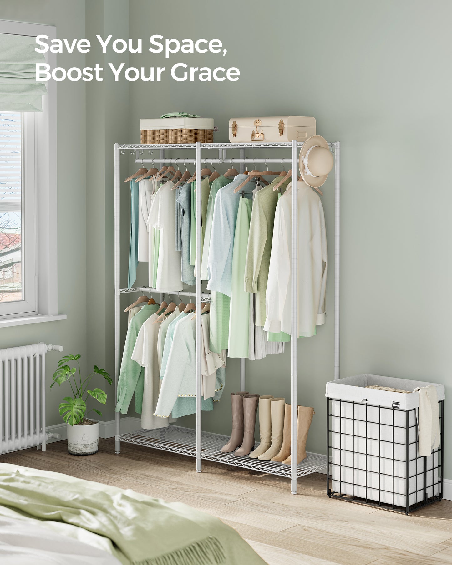 Clothes Rack, Freestanding Wardrobe Closet, Metal Clothing Racks, Heavy-Duty Garment Rack with Adjustable Shelves, Hanging Rods, Dividable, 15.8 x 47.2 x 70.9 Inches, Cloud White