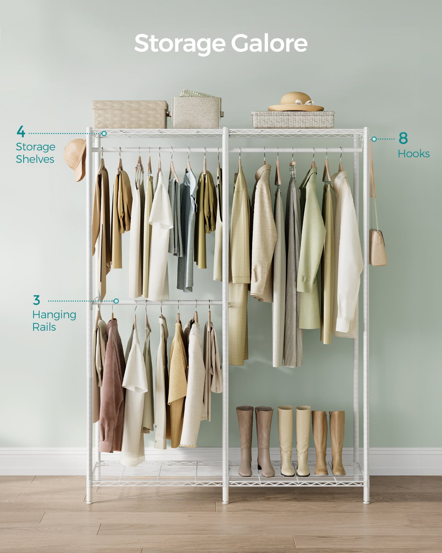 Clothes Rack, Freestanding Wardrobe Closet, Metal Clothing Racks, Heavy-Duty Garment Rack with Adjustable Shelves, Hanging Rods, Dividable, 15.8 x 47.2 x 70.9 Inches, Cloud White