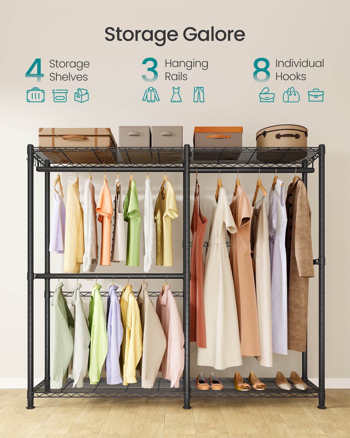 SONGMICS Clothing Rack, Heavy-Duty Garment Rack with Adjustable Storage Shelves and Hanging Rails, Hooks, Portable Wardrobe Closet, Cloud White
