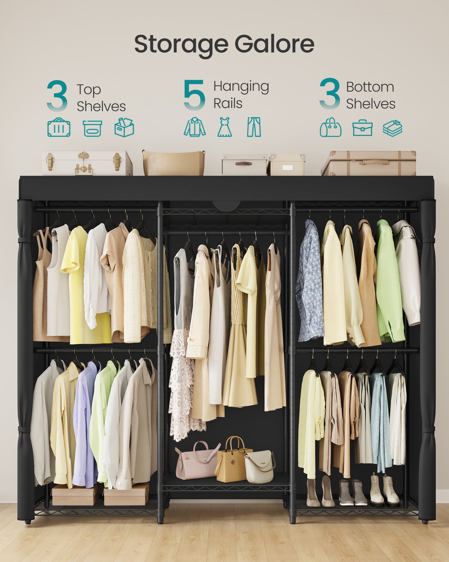Heavy-Duty Garment Rack with 5 Hanging Rails and 6 Mesh Shelves, 514 lb Capacity Portable Closet, No-Tool Assembly, Ink Black