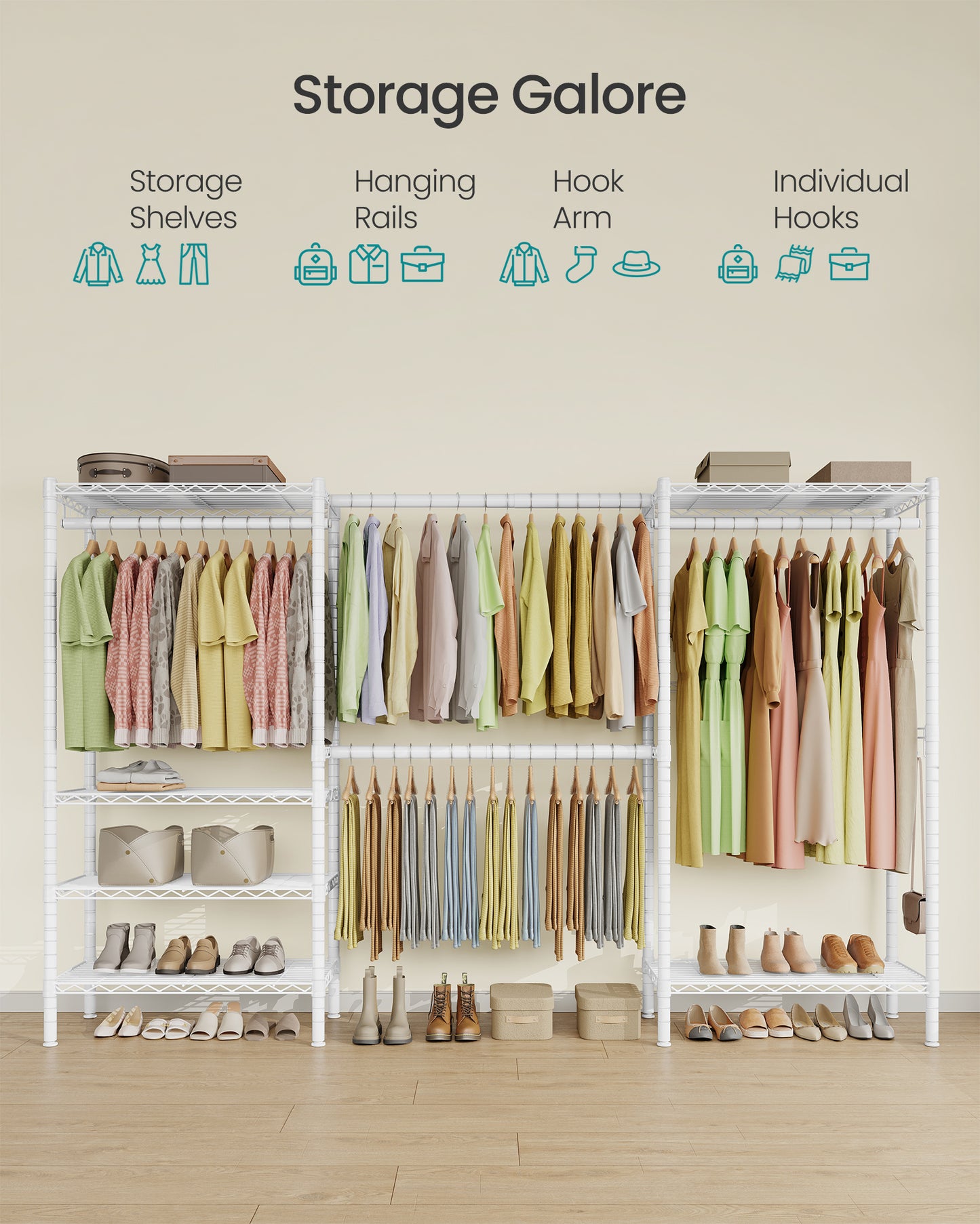 SONGMICS Heavy-Duty Clothes Rack, Extendable Garment Rack, Portable Closet with Adjustable Mesh Shelves and Hanging Rails, Hooks, White