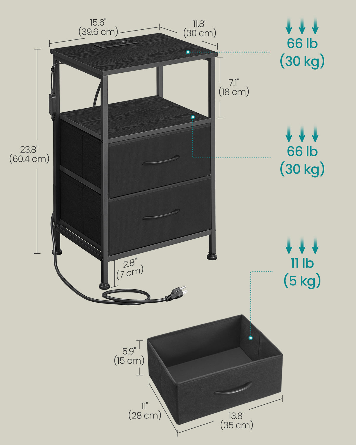 SONGMICS BELLAH Collection - Nightstand with Charging Station, App-Controlled Adjustable LED Lights, 2 Drawer, 1 Open Shelf, Ink Black and Ebony Black