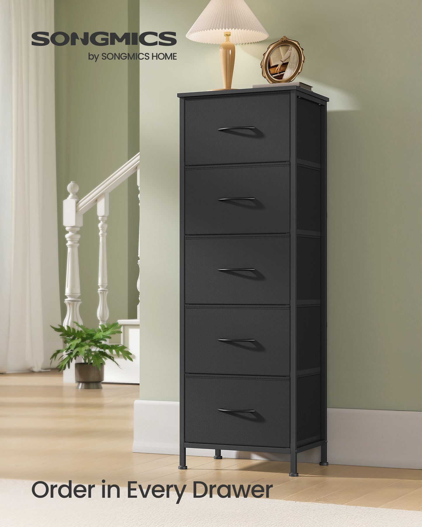 5-Drawer Fabric Dresser with Steel Frame, 66 lb Top Load Chest of Drawers, Multi-Use Storage Organizer for Bedroom, Ink Black