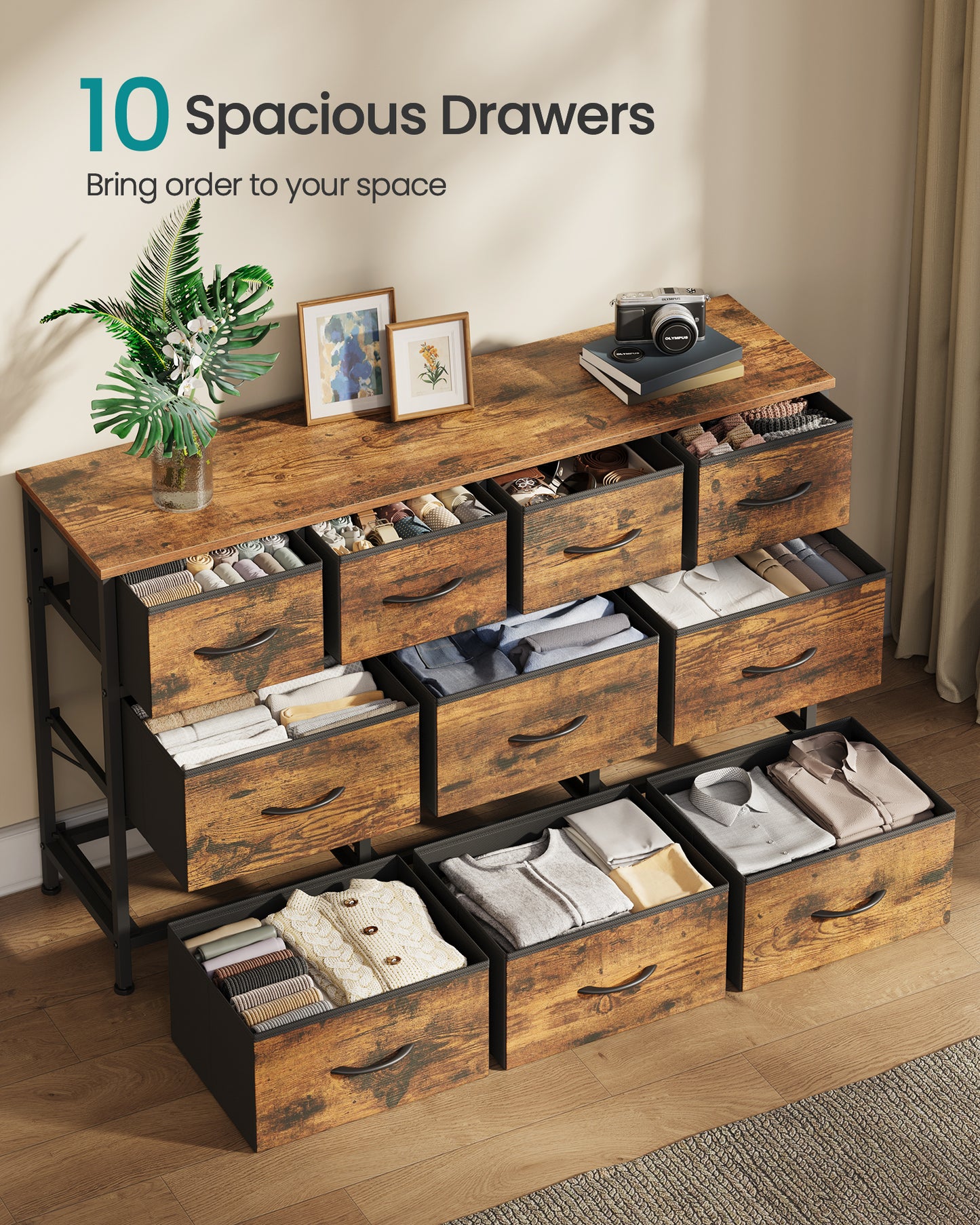 SONGMICS BELLAH Collection - Dresser for Bedroom, Chest of Drawers, TV Stand for TVs Up to 55 Inches, Closet, 10 Drawers, Rustic Brown and Ink Black
