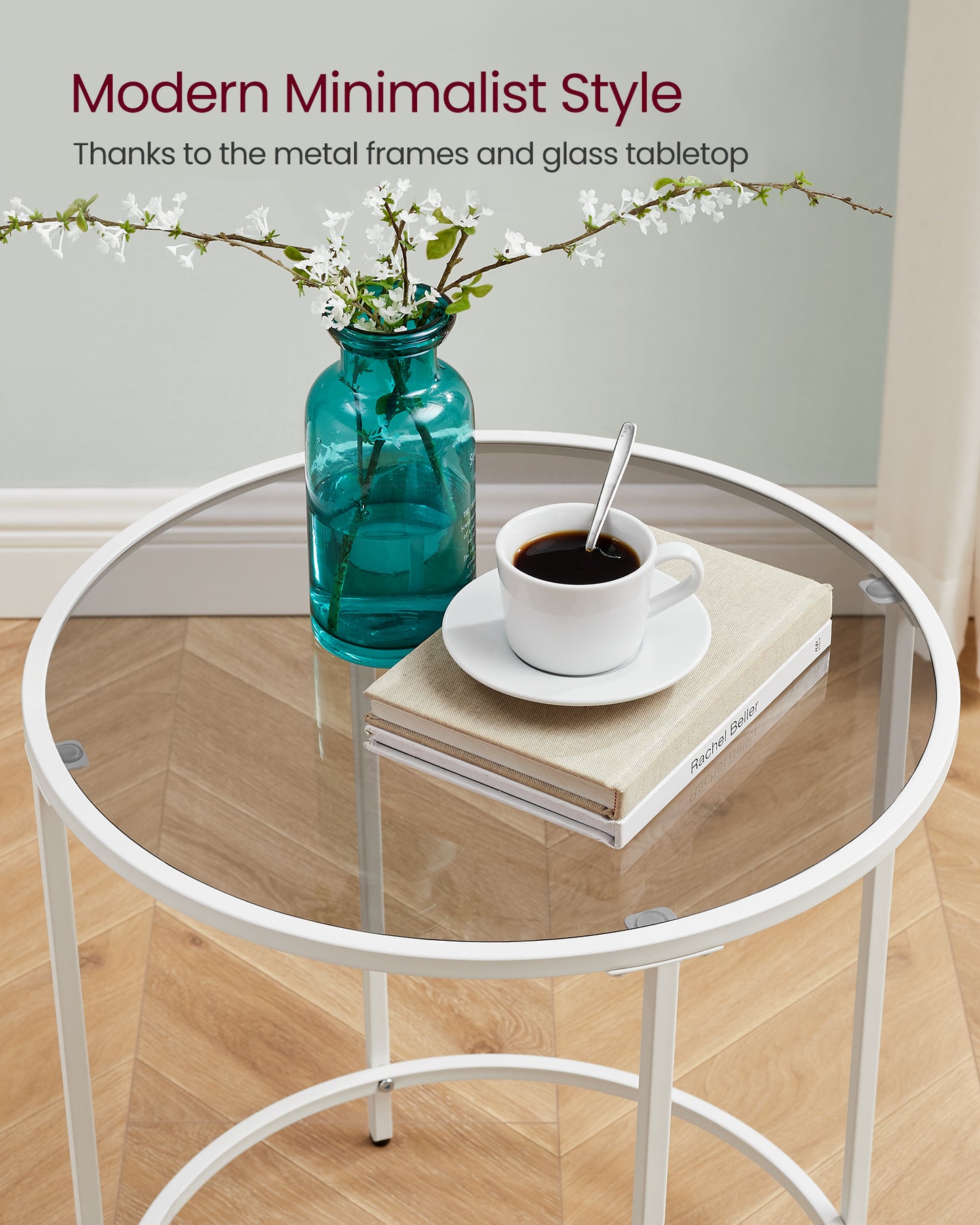 Round Side Table, Glass End Table with Metal Frame, White Coffee Table with Modern Style, for Living Room, Balcony, Bedroom, White