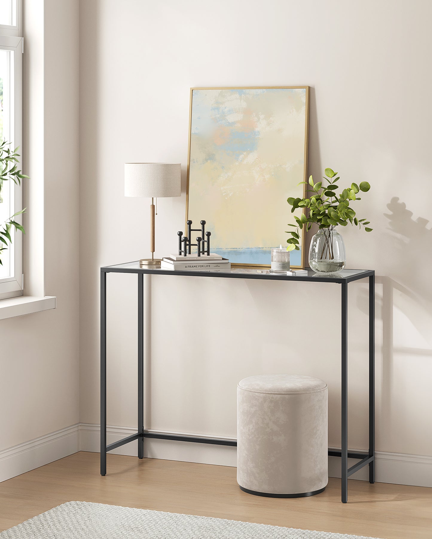 39.4 Inches Console Table, Tempered Glass Sofa Table, Modern Entryway Table, Metal Frame, Easy to Assemble, Adjustable Feet, for Living Room, Hallway, Black