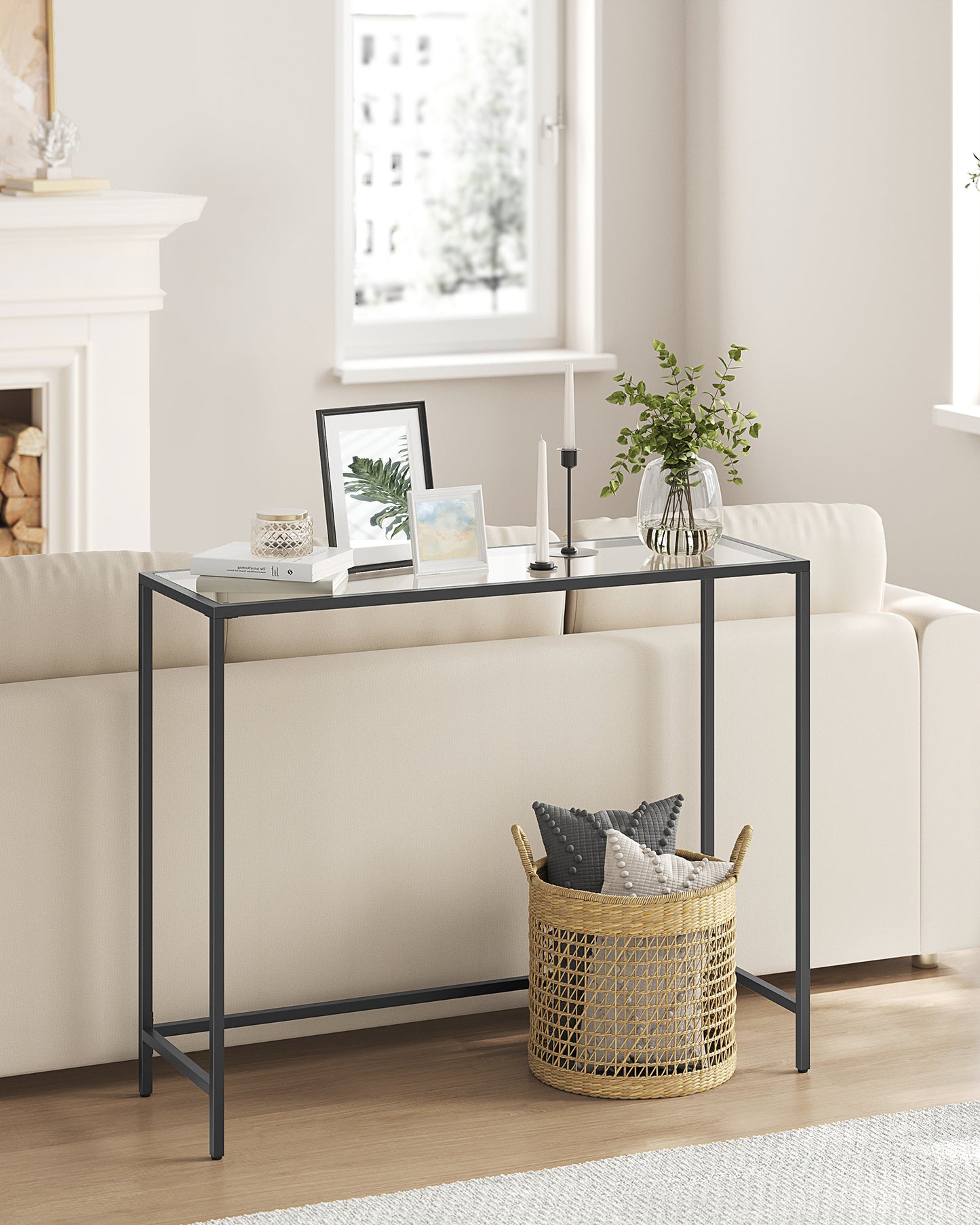 39.4 Inches Console Table, Tempered Glass Sofa Table, Modern Entryway Table, Metal Frame, Easy to Assemble, Adjustable Feet, for Living Room, Hallway, Black