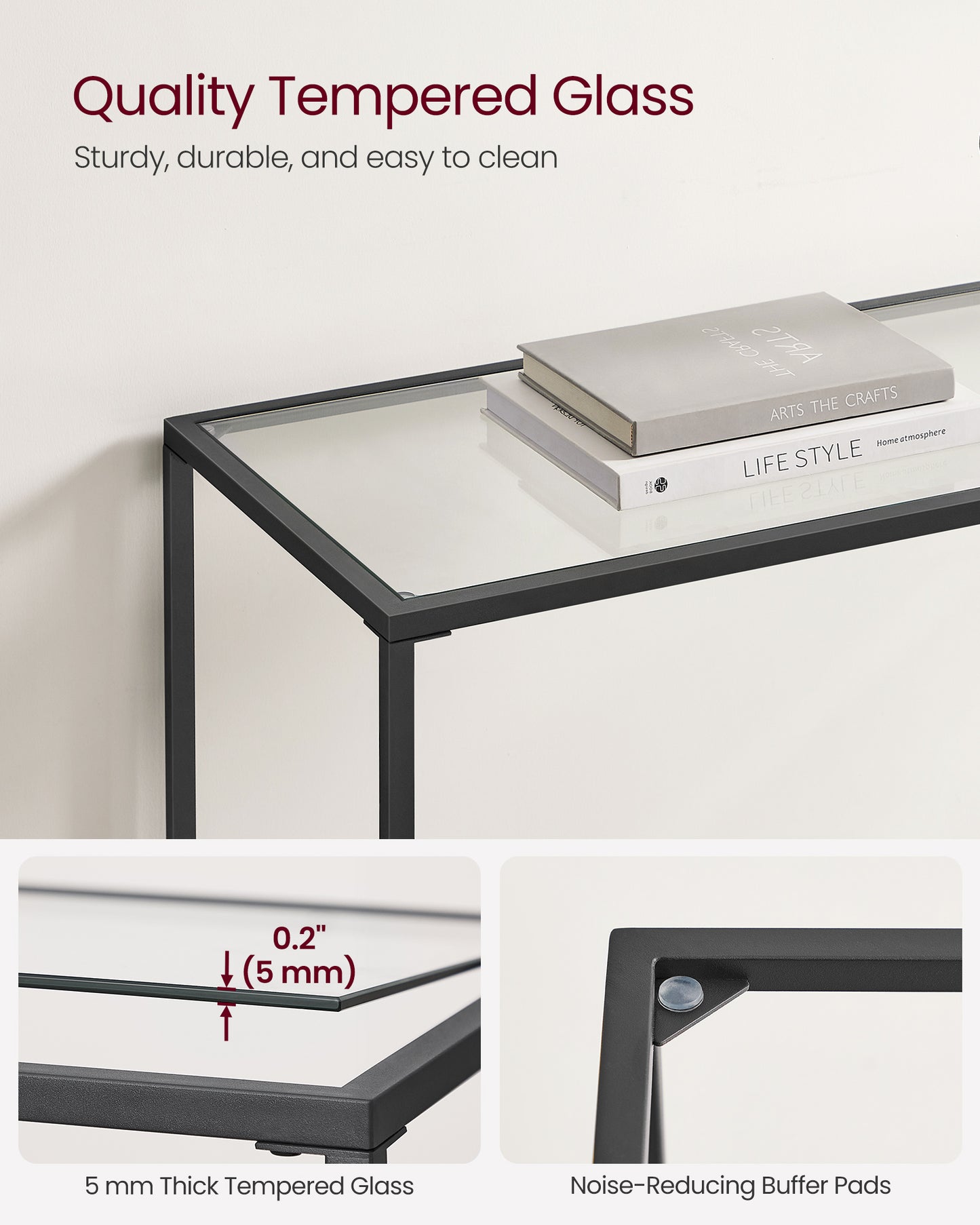39.4 Inches Console Table, Tempered Glass Sofa Table, Modern Entryway Table, Metal Frame, Easy to Assemble, Adjustable Feet, for Living Room, Hallway, Black