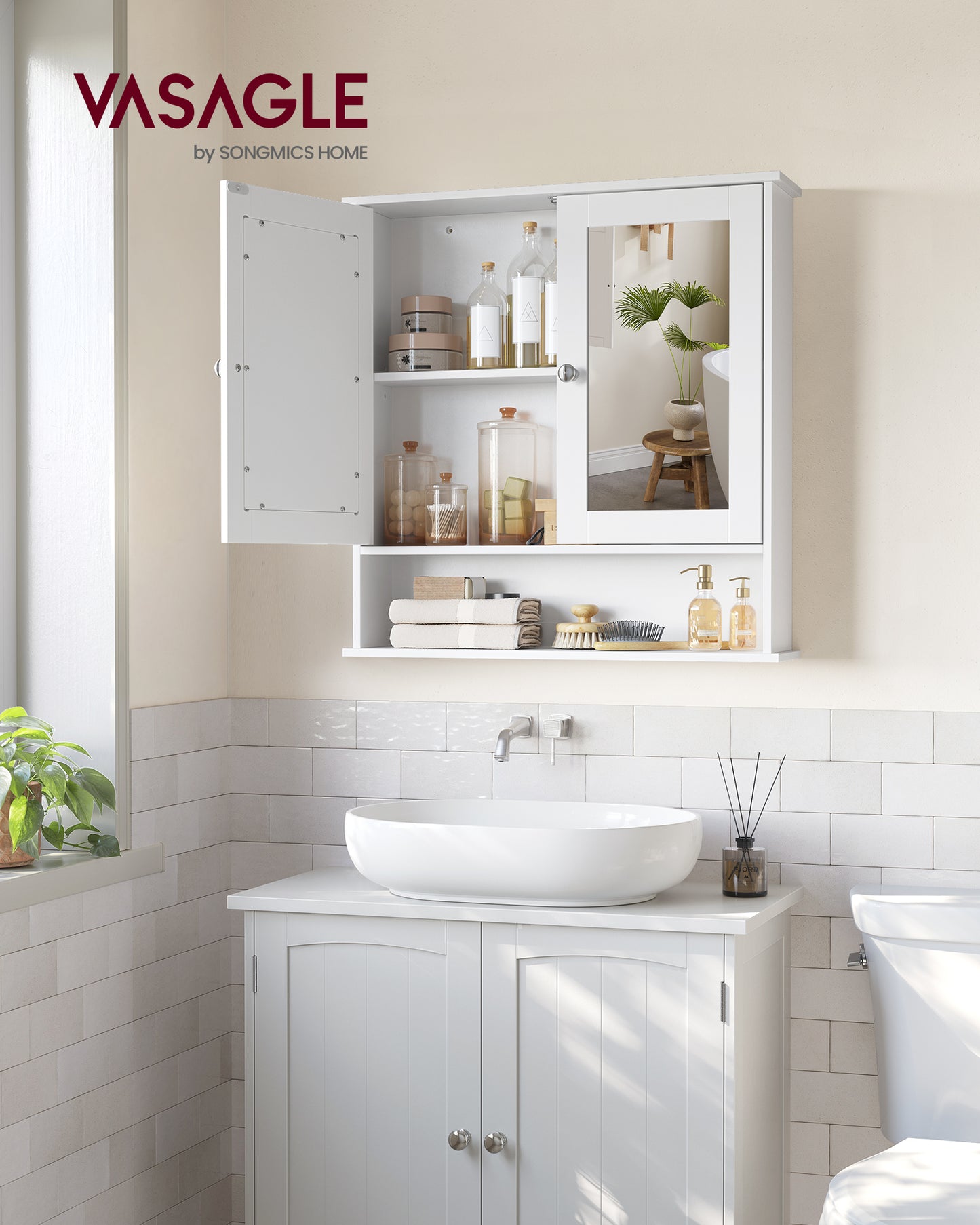 Bathroom Cabinet with Mirror, Wall Cabinet with 2 Mirrored Doors, Adjustable Shelf, Open Compartment, Wall-Mounted