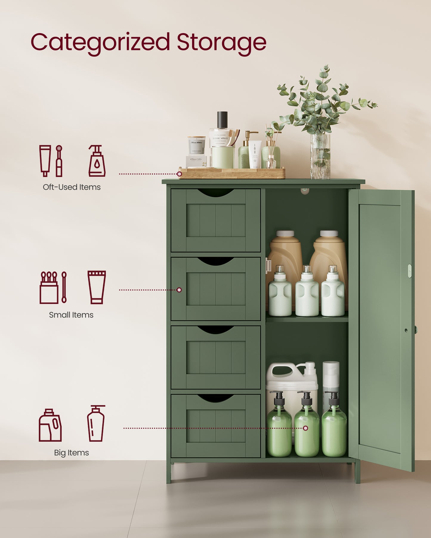 VASAGLE Storage Cabinet with Drawers, Freestanding Floor Cabinet with Door, 11.8 x 21.7 x 32.3 Inches, Adjustable Shelf, Sage Green