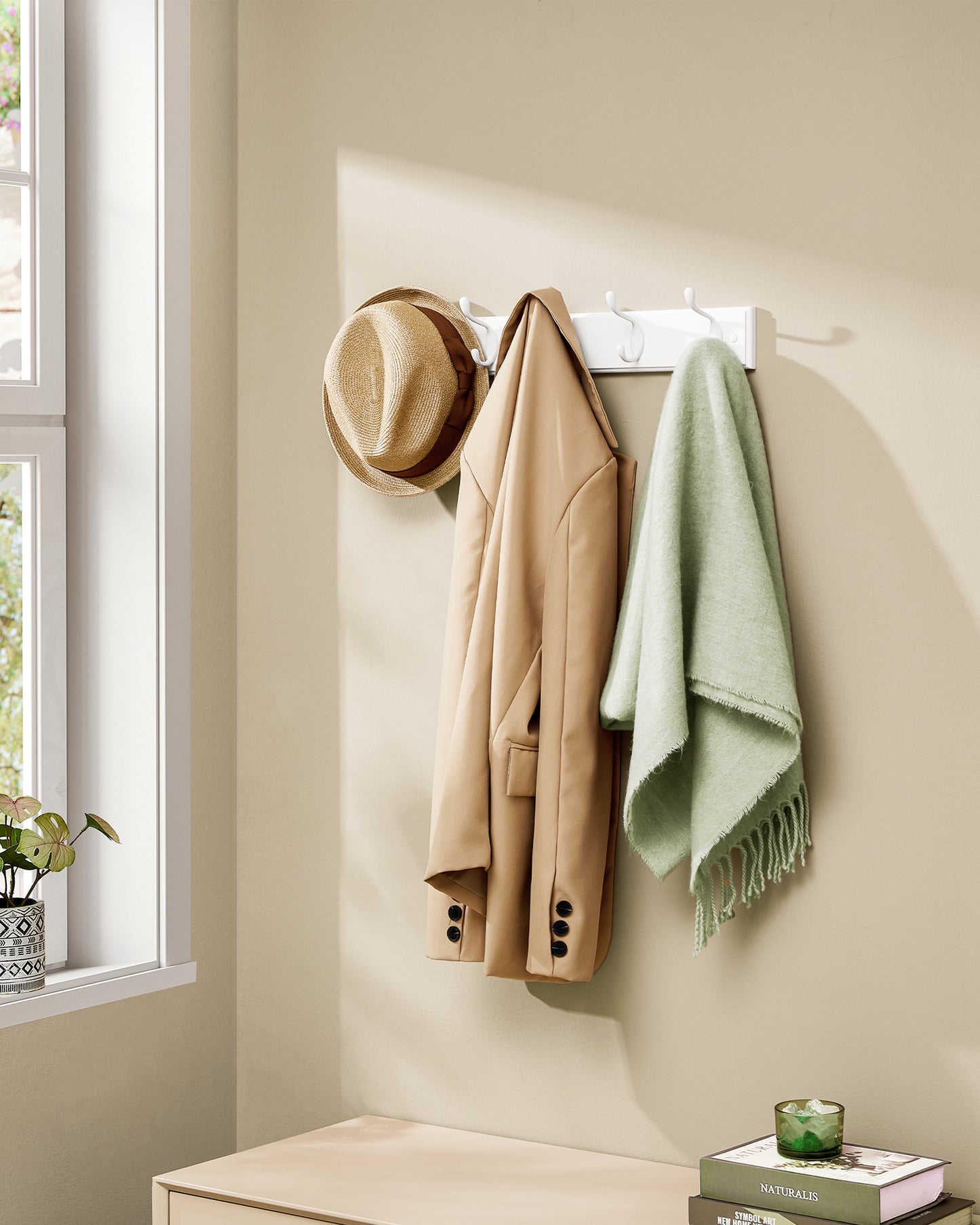 Wall-Mounted Coat Rack, Hook Rack, 5 Dual Metal Hooks, for Coats, Bags, Keys, in The Entryway, Bedroom, Living Room, White