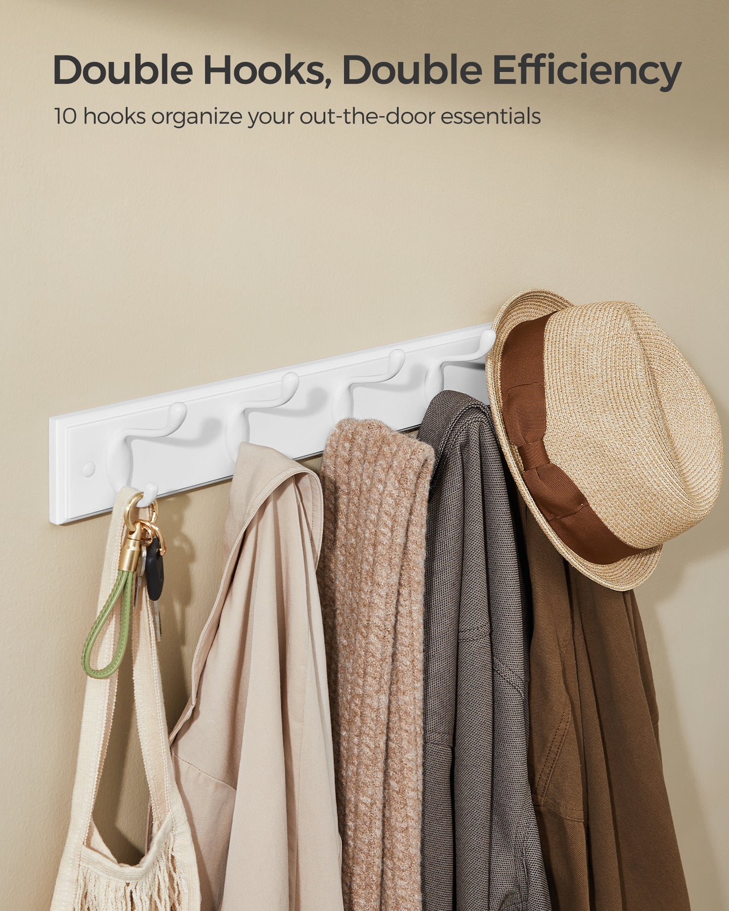 Wall-Mounted Coat Rack, Hook Rack, 5 Dual Metal Hooks, for Coats, Bags, Keys, in The Entryway, Bedroom, Living Room, White