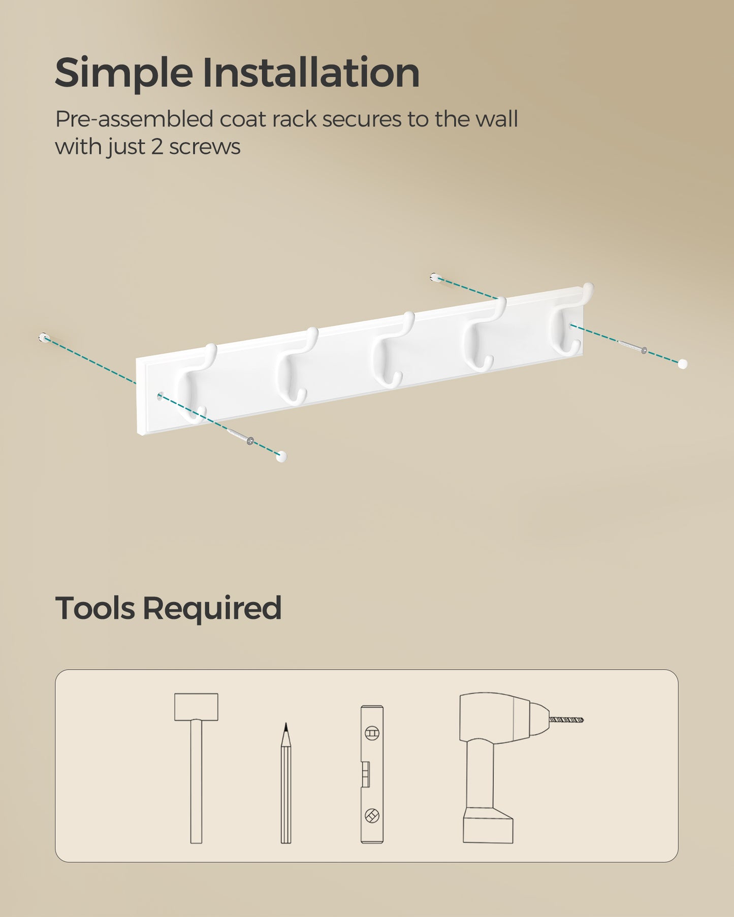 Wall-Mounted Coat Rack, Hook Rack, 5 Dual Metal Hooks, for Coats, Bags, Keys, in The Entryway, Bedroom, Living Room, White