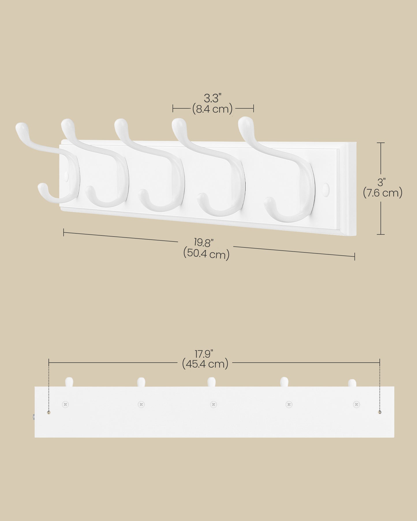 Wall-Mounted Coat Rack, Hook Rack, 5 Dual Metal Hooks, for Coats, Bags, Keys, in The Entryway, Bedroom, Living Room, White