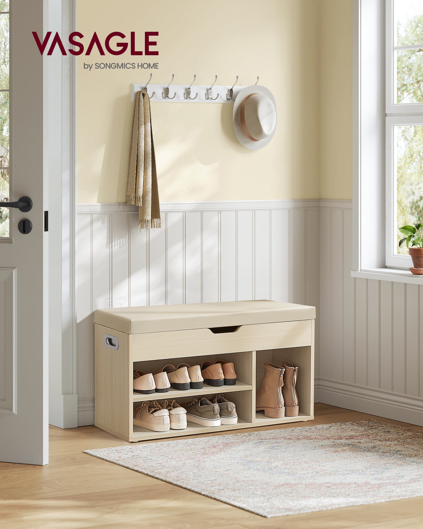 Storage Bench with Cushioned Seat - Versatile Shoe Bench with Hidden Storage, Shelves, Natural Beige, 330 lb Capacity