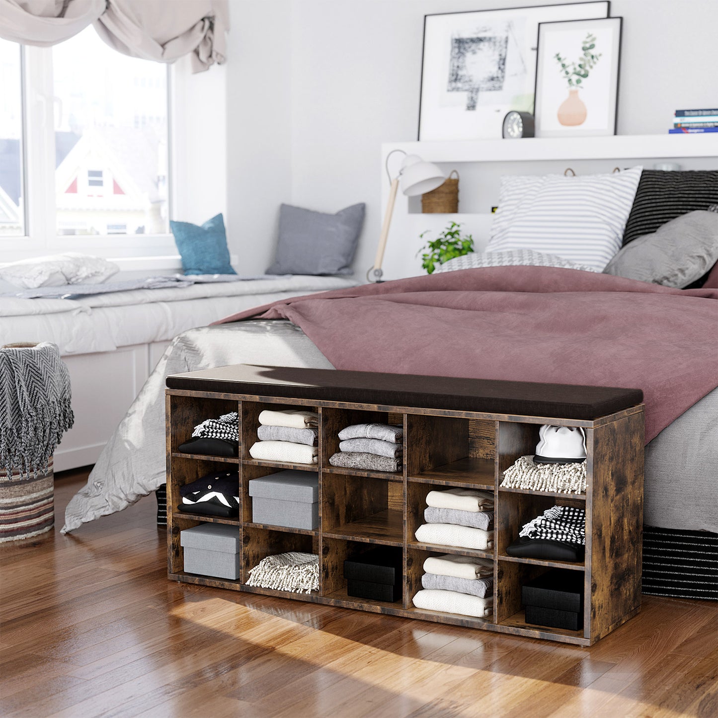 Shoe Rack Bench with Cushion 15 Compartments Storage Bench Shoe Bench for Entryway, 11.8 x 41.3 x 18.9 Inches