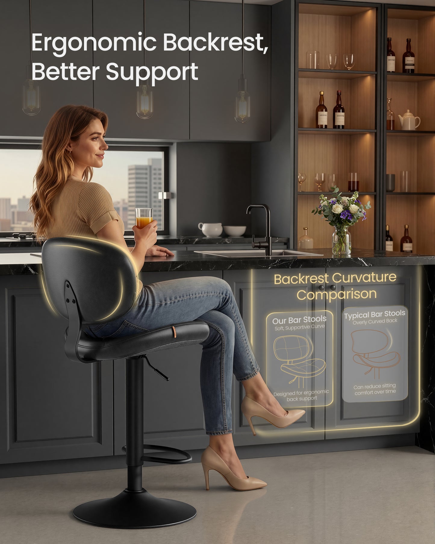 VASAGLE Bar Stools Set of 2, Height Adjustable Kitchen Barstools, Swivel Bar Chairs with Back and Footrest, Quilt PU Leather Surface, Ink Black