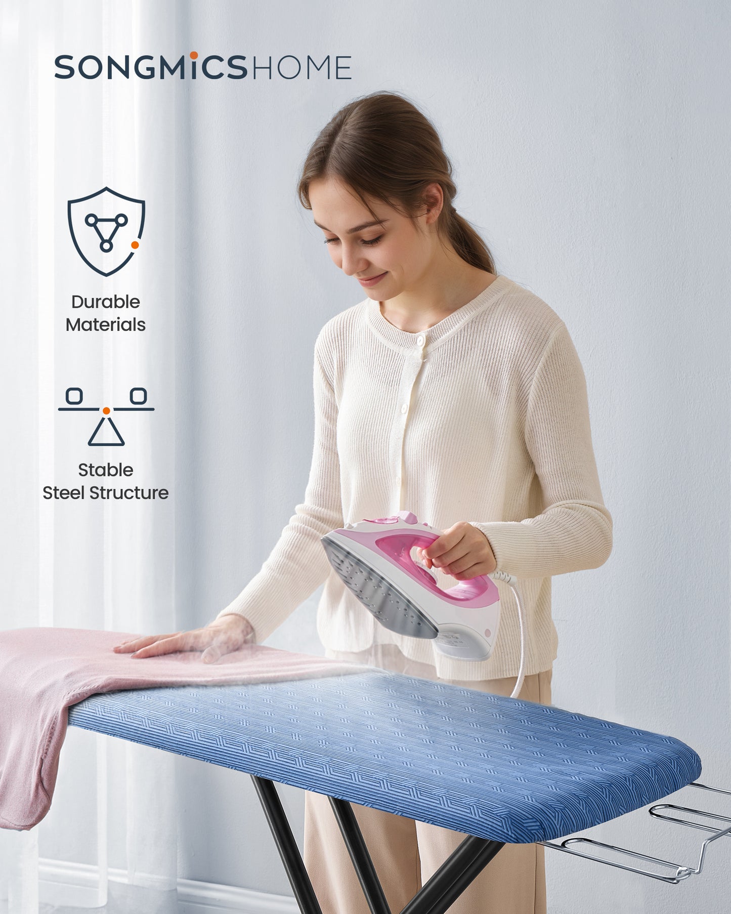 Foldable Iron Board with 4 Layered Cover and Pad Height Adjustable up to 35 Inches Iron Rest, Hook Steel X-Legs Midnight Blue