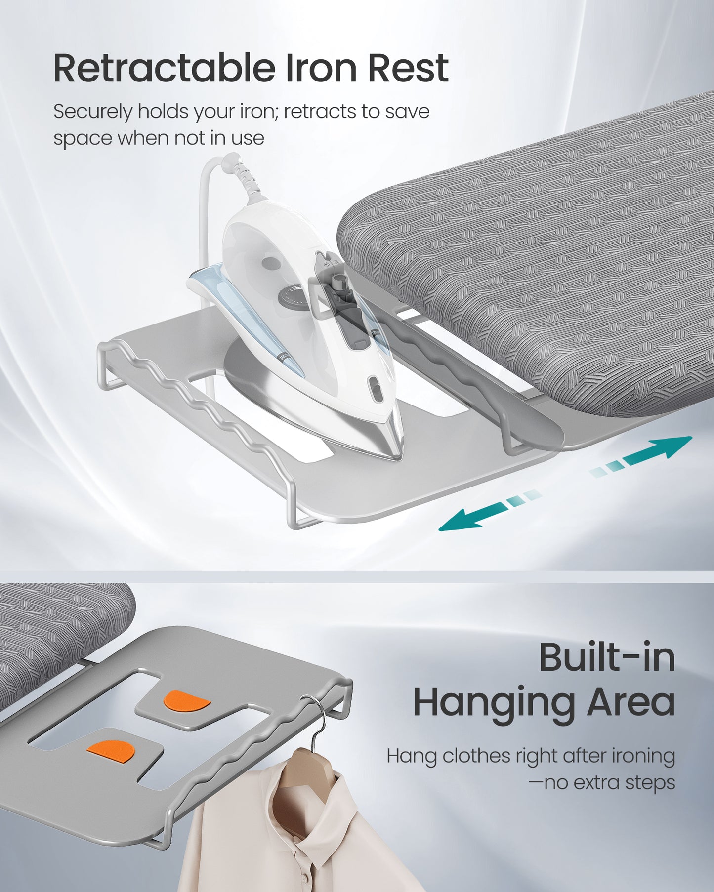 SONGMICS Ironing Board, Retractable Iron Rest, Foldable Iron Board, 43 x 13 Inches, Height Adjustable, Padded with Cover, Hook, Dove Gray