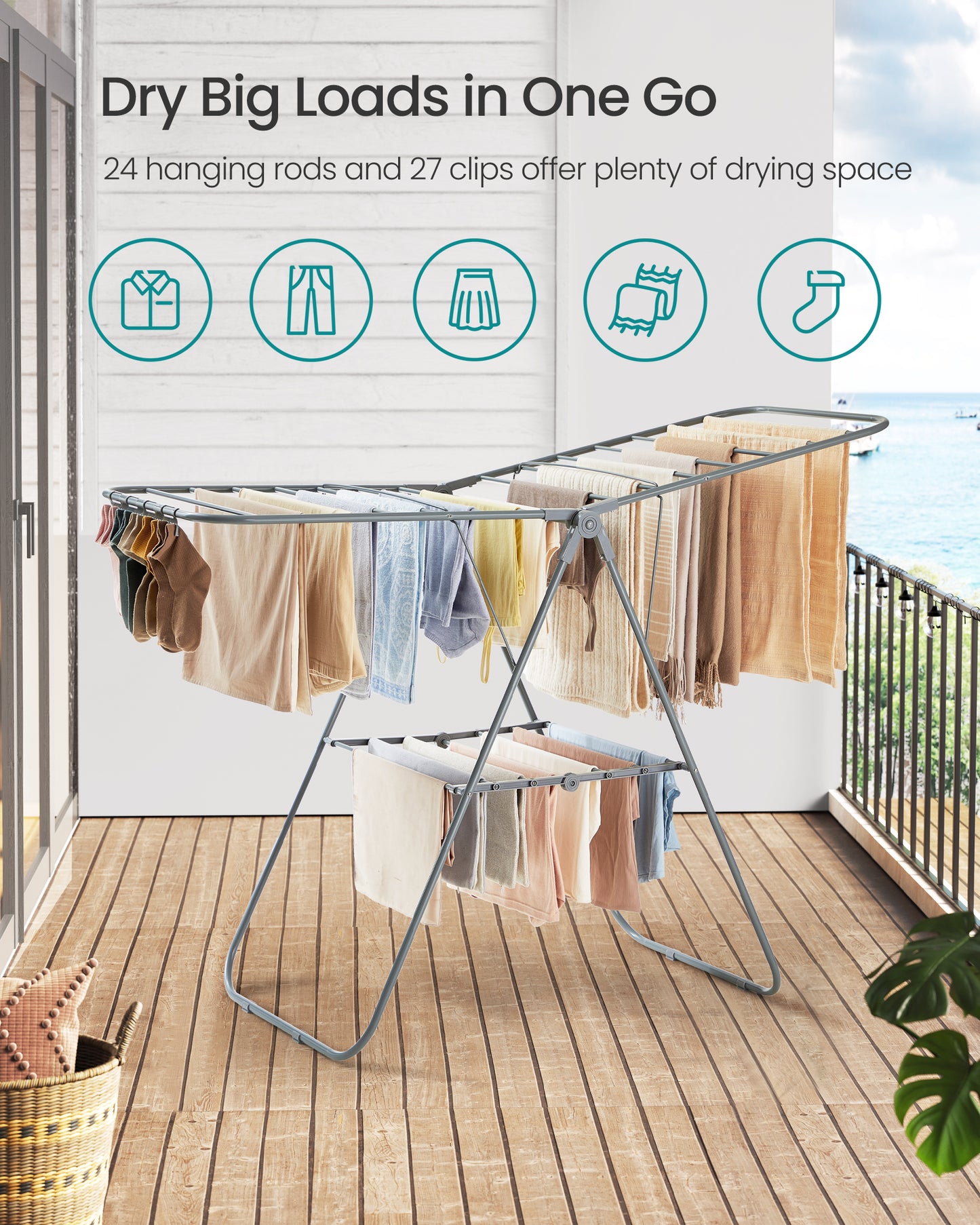 Clothes Drying Rack, with Sock Clips, Metal Laundry Rack, Foldable, Space-Saving, Free-Standing Airer, with 2 Height-Adjustable Gullwings, Indoor Outdoor Use, Black
