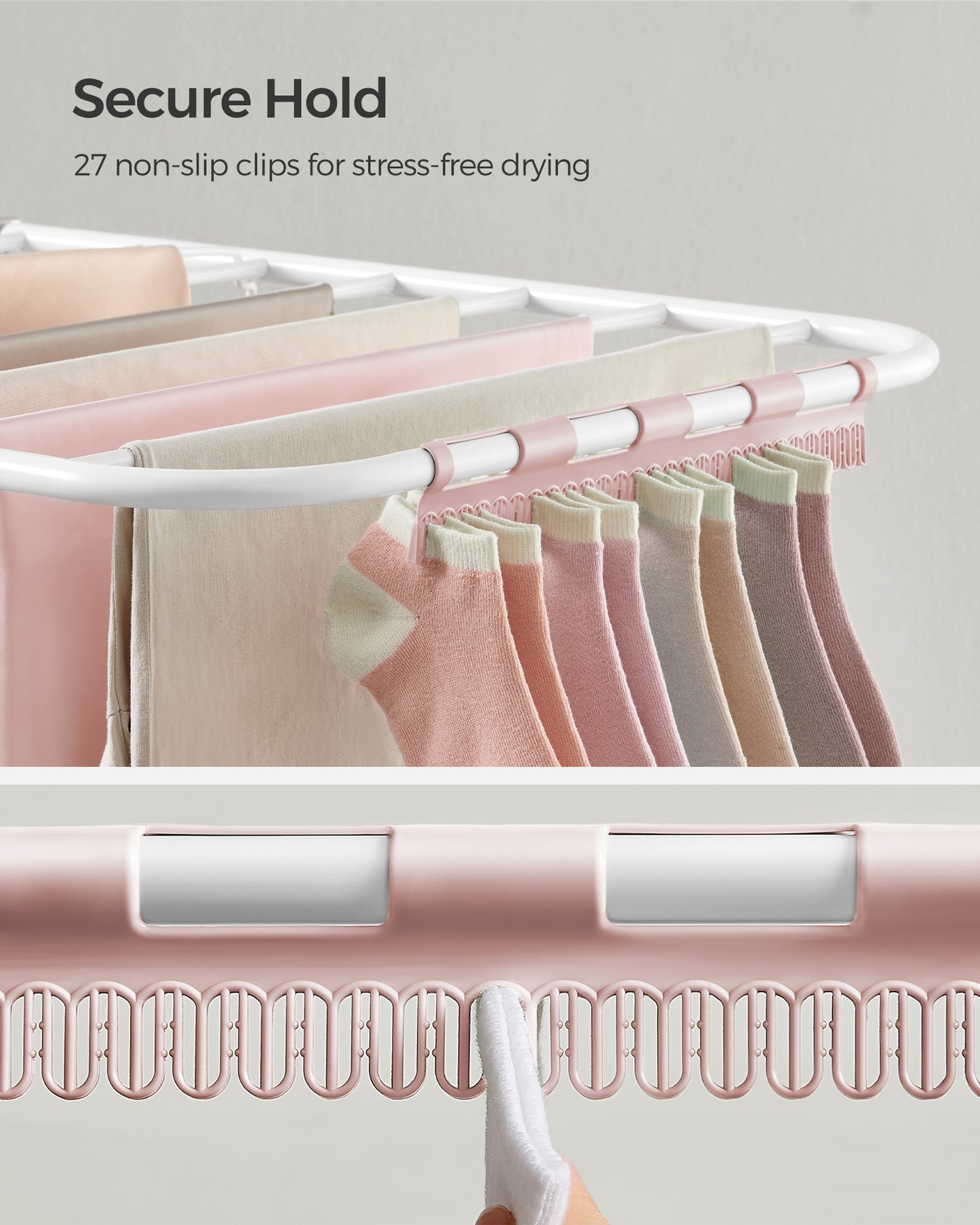 Clothes Drying Rack, with Sock Clips, Metal Laundry Rack, Foldable, Space-Saving, Free-Standing Airer, with 2 Height-Adjustable Gullwings, Indoor Outdoor Use, White and Pink