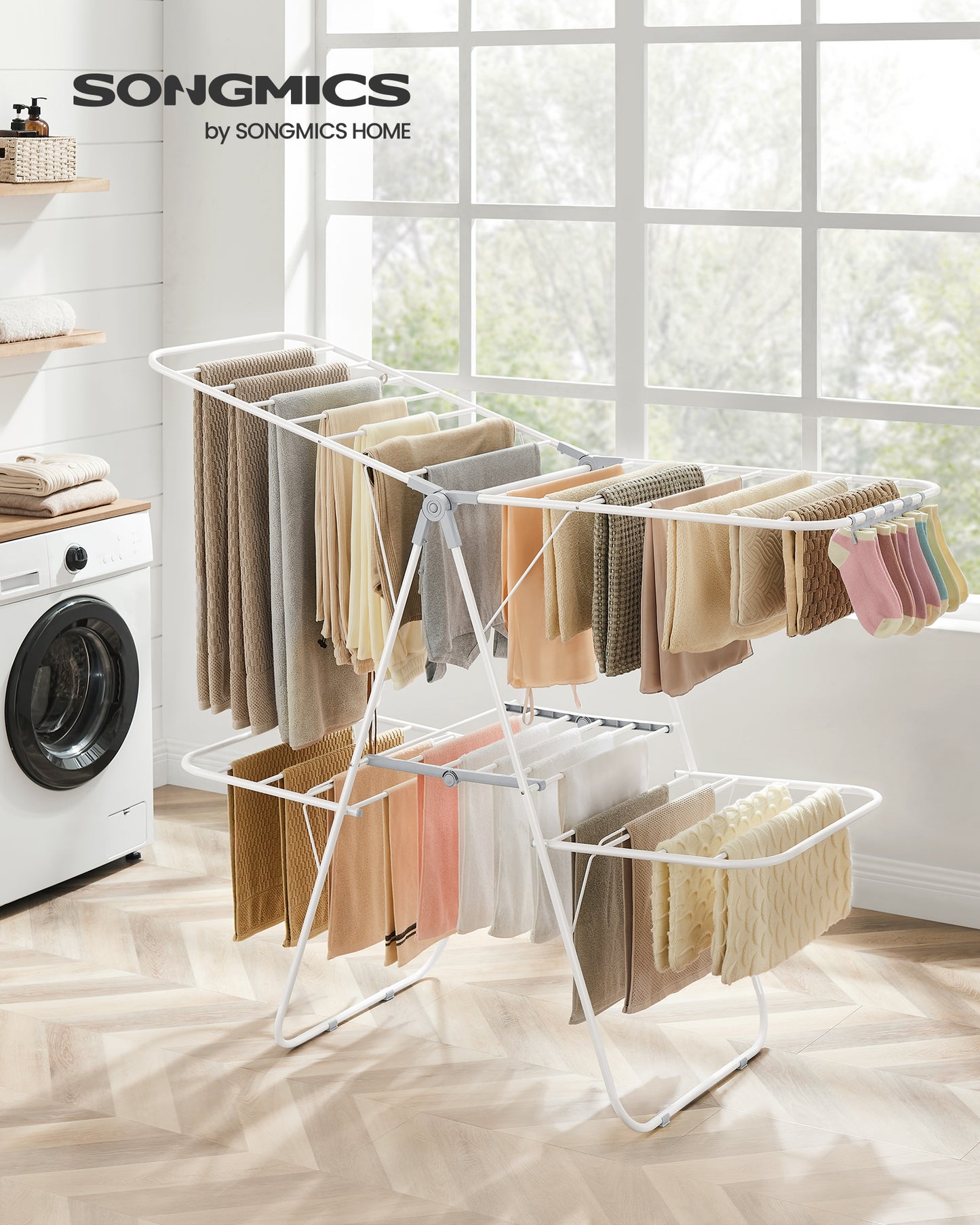 2-Level Foldable Clothes Drying Rack with Height-Adjustable Wings, Free-Standing Laundry Rack Clothes Dryer, 33 Drying Rails, and Sock Clips