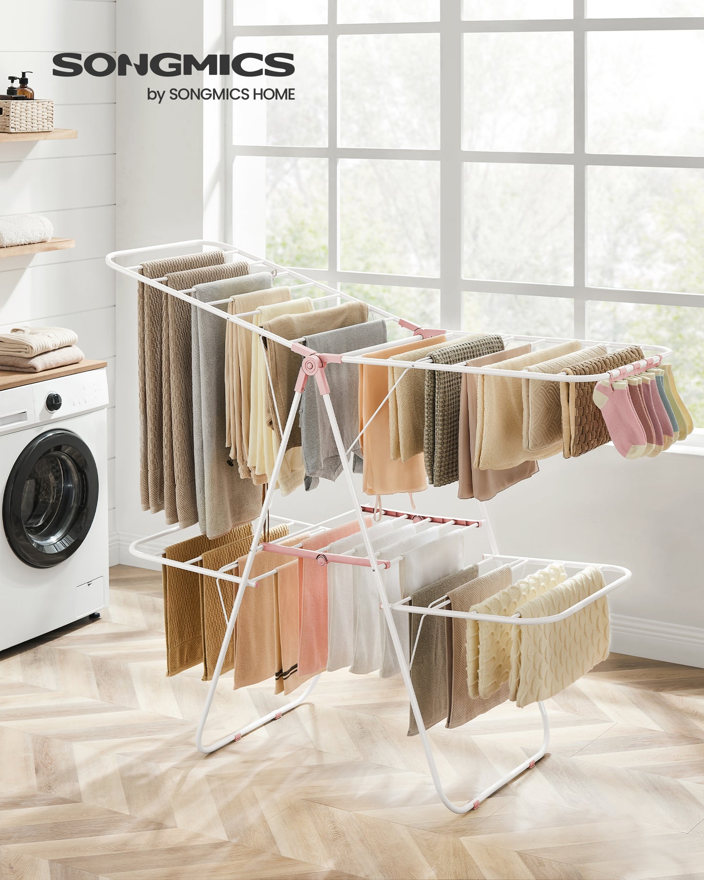 SONGMICS 2-Level Clothes Drying Rack Laundry Drying Rack with Height-Adjustable Wings 33 Drying Rails Sock Clips White and Pink