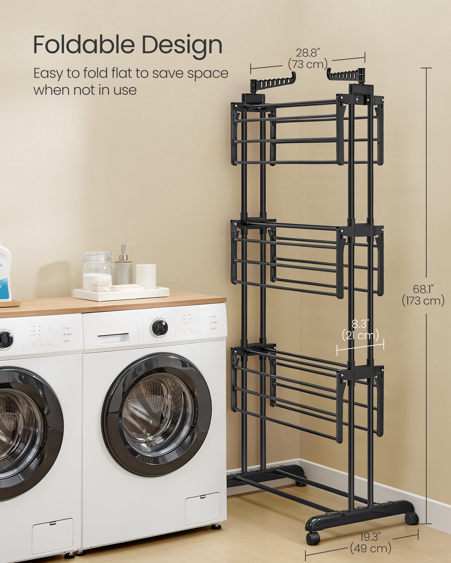 4 - Tier Foldable Clothes Drying Rack - 68.1" Tall, Stainless Steel, Rolling. Easy Assembly for Indoor & Outdoor Use. Ink Black Color