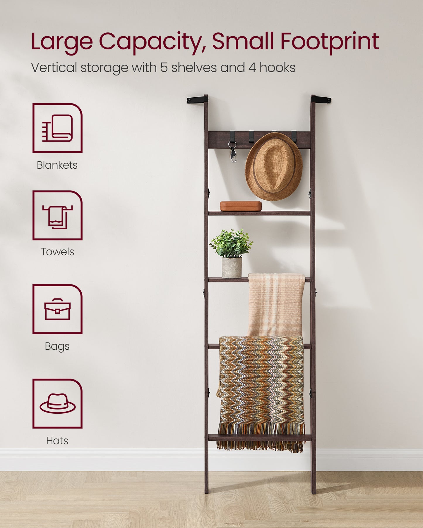 Blanket Ladder Shelf, 6-Tier Ladder Rack for Storage and Decor with 4 Removable Hooks, Decorative Farmhouse for The Living Room, Maroon Brown