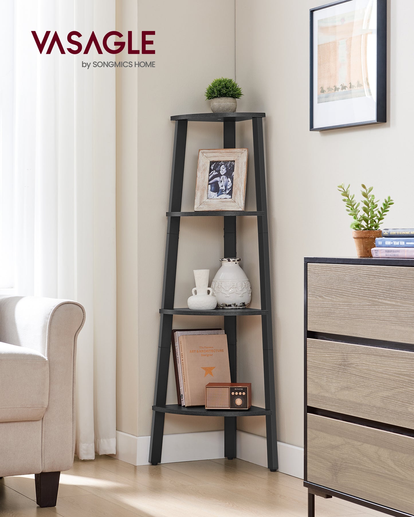 4-Tier Corner Bookshelf with Industrial Design, 49.2 Inch Ladder Shelf for Living Room Office Kitchen, Charcoal Gray and Matte Black