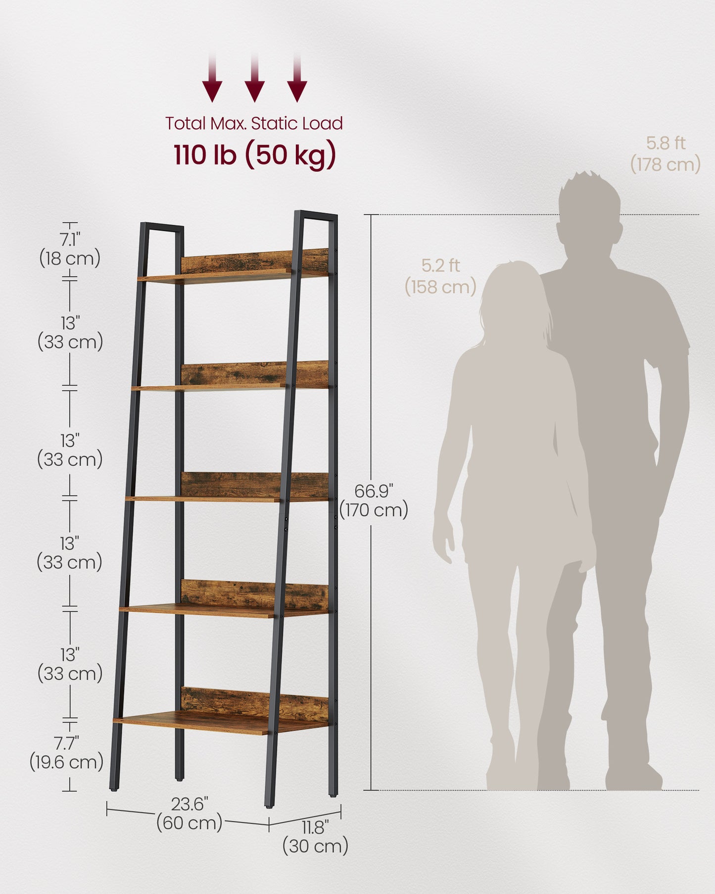 Bookshelf, 5-Tier Narrow Book Shelf, 11.8 x 23.6 x 66.9 Inches, Ladder Shelf for Home Office, Living Room, Bedroom, Kitchen, Rustic Brown and Ink Black