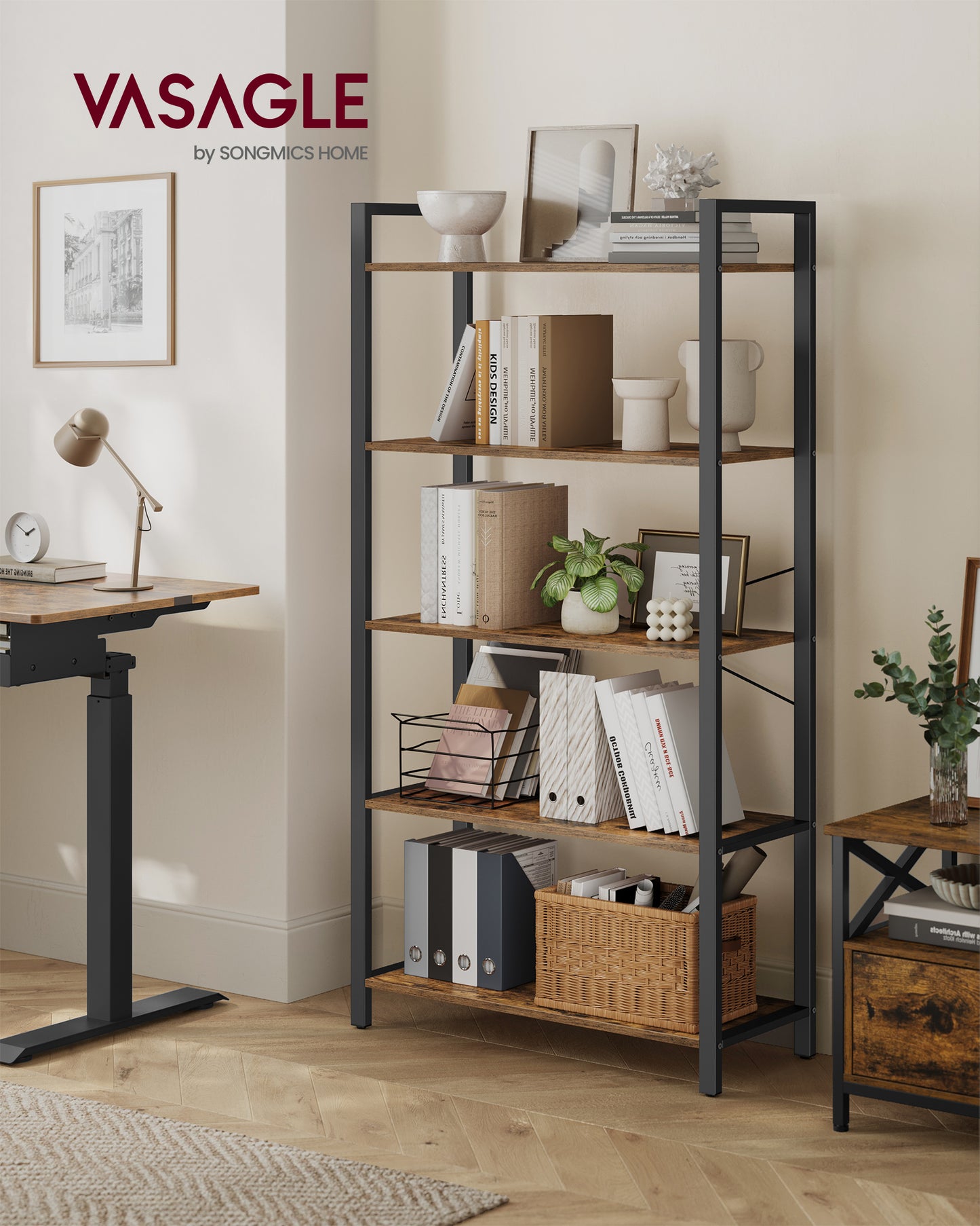 ALINRU Bookshelf 5-Tier Storage Rack with Steel Frame for Living Room Office Study Hallway Industrial Style Rustic Brown and Black