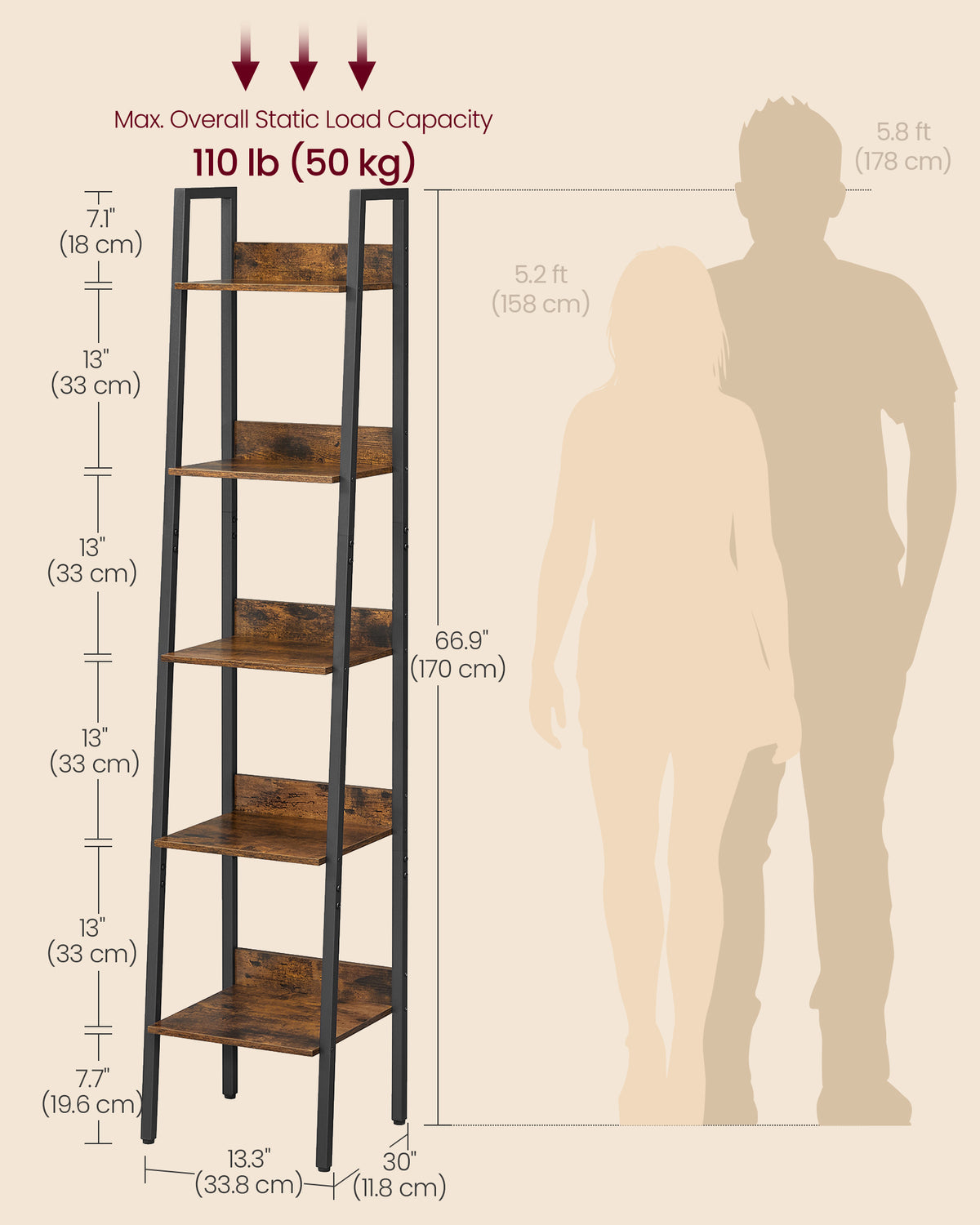 VASAGLE Bookshelf, 5-Tier Bookcase, Ladder Shelf for Home Office, Living Room, Bedroom, Kitchen, Rustic Brown and Matte Black