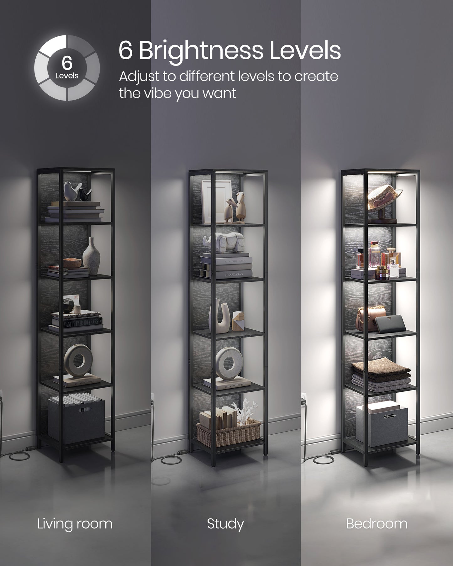 6-Tier Bookshelf, LED Display Shelf with Dimmable Lights, Steel Frame, 11.9 x 15.7 x 70.3 Inches, for Living Room, Bedroom
