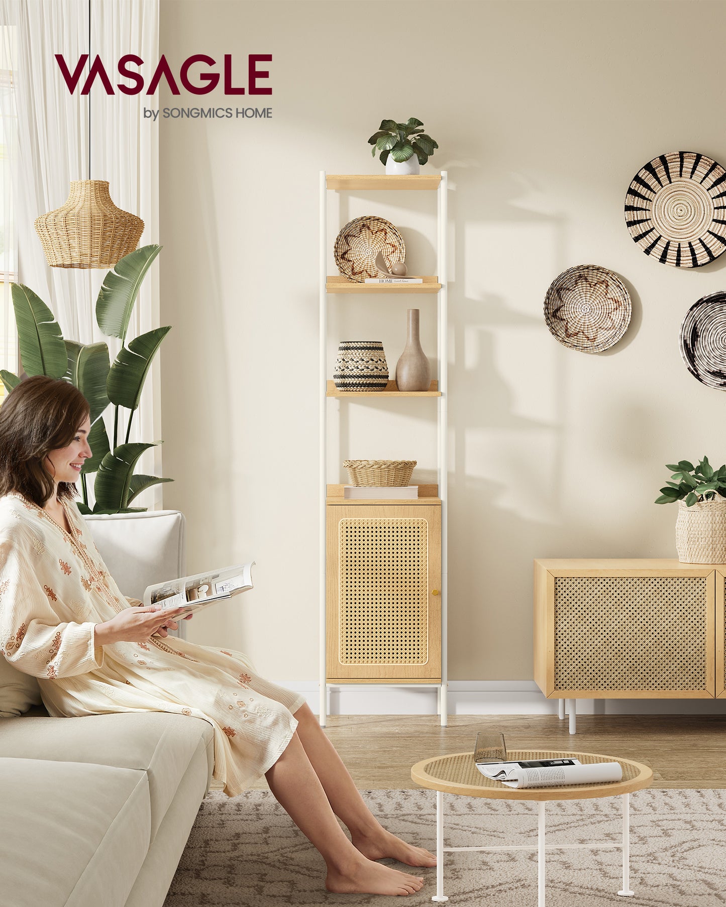 6-Tier Bookcase, Bookshelf with Rattan-Like Door, Freestanding 15.7-Inch Wide Storage Shelf, Adjustable Shelf, Oak Beige and Pearl White