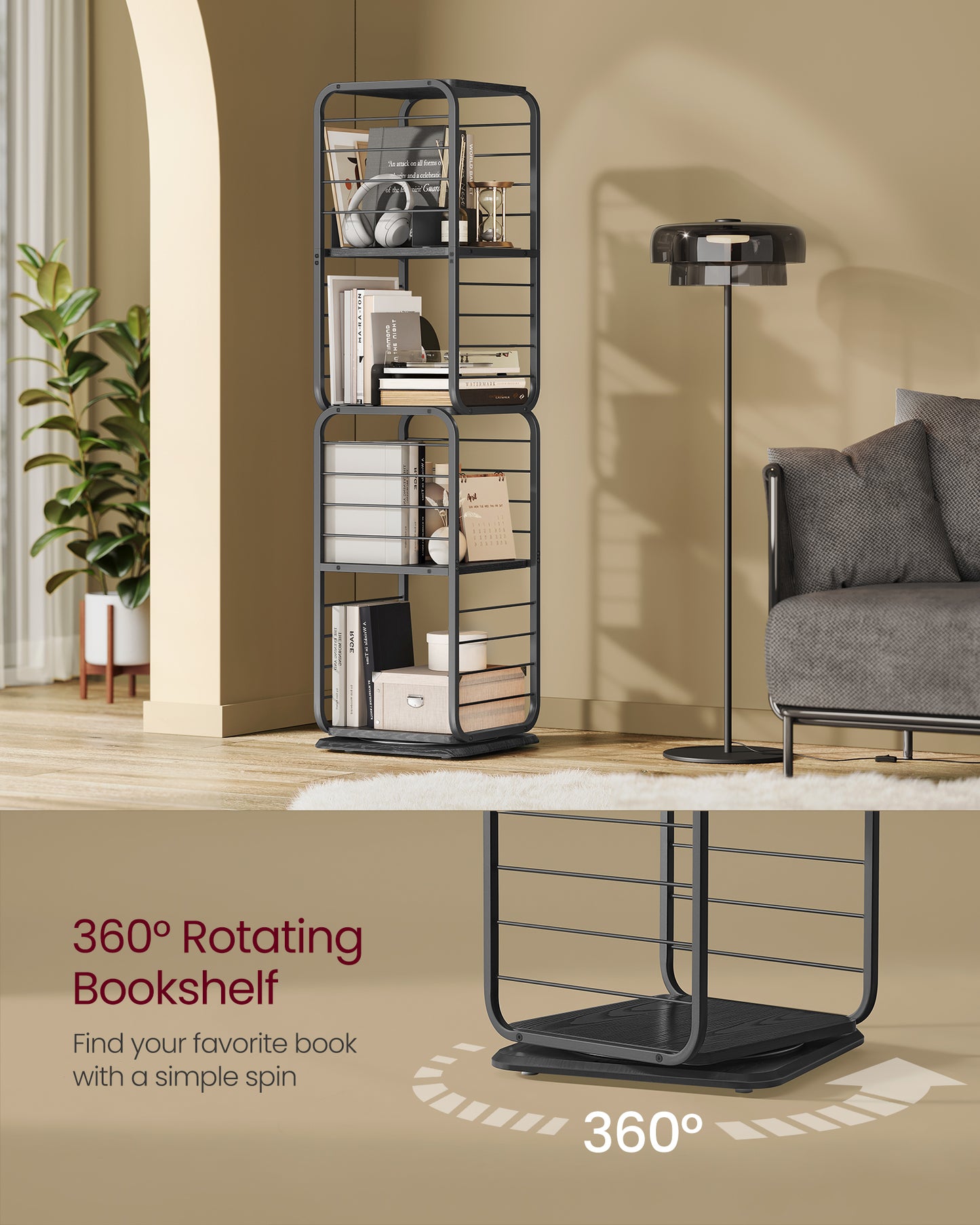 4-Tier Rotating Bookshelf, Bookcase with Bookends for Small Spaces, Corner Shelf, Steel Frame Ebony Black and Ink Black