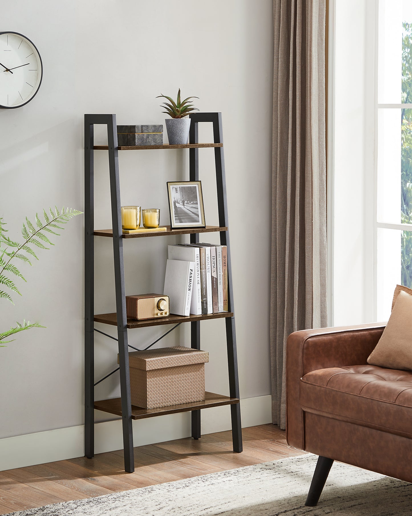 VASAGLE 4-Tier Ladder Shelf Wall Ladder Bookshelf Bookcase Furniture Storage Rack Shelves, Dark Brown and Black